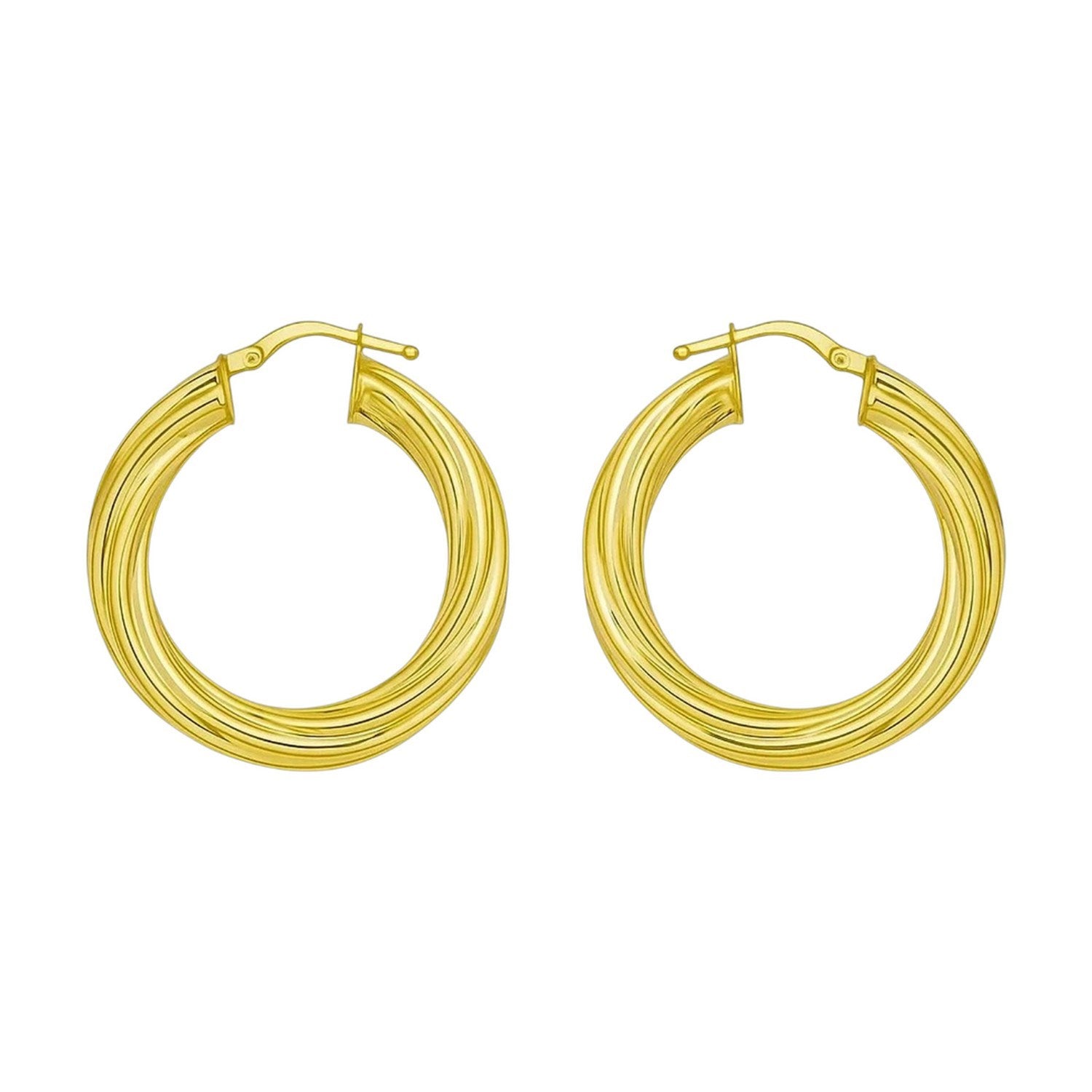 Pair of 14K yellow gold full twist medium hoop earrings with hinged snap backs.