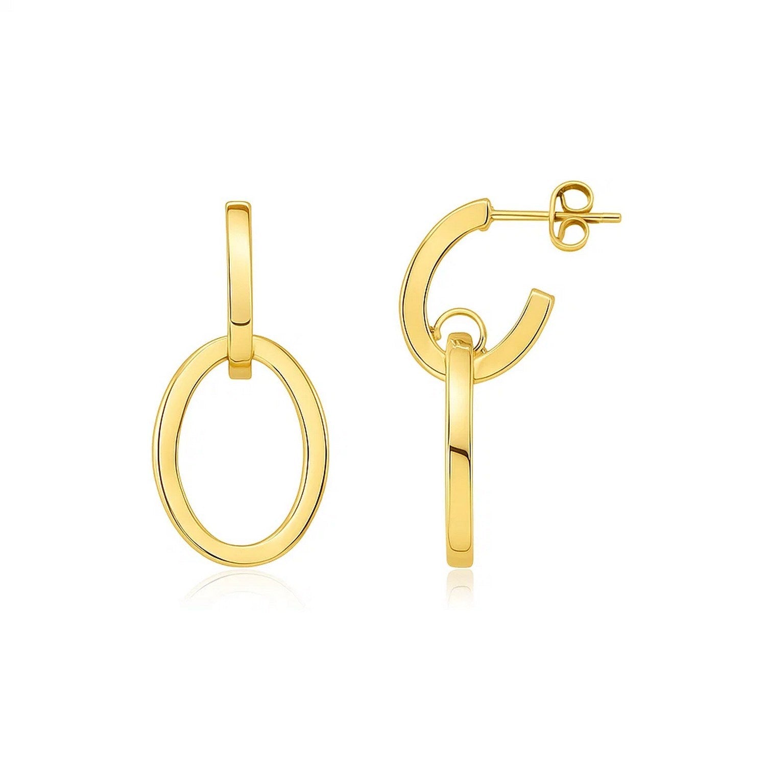 14K yellow gold interlocking drop hoop earrings with a high polish finish.