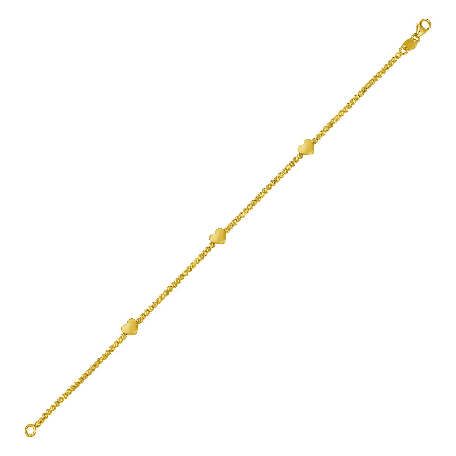 14K yellow gold bead bracelet with three heart stations and a lobster clasp.