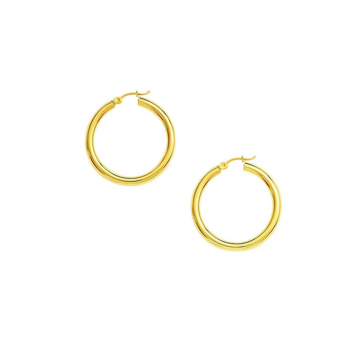 A pair of polished 10k yellow gold hoop earrings with snap lock backings.