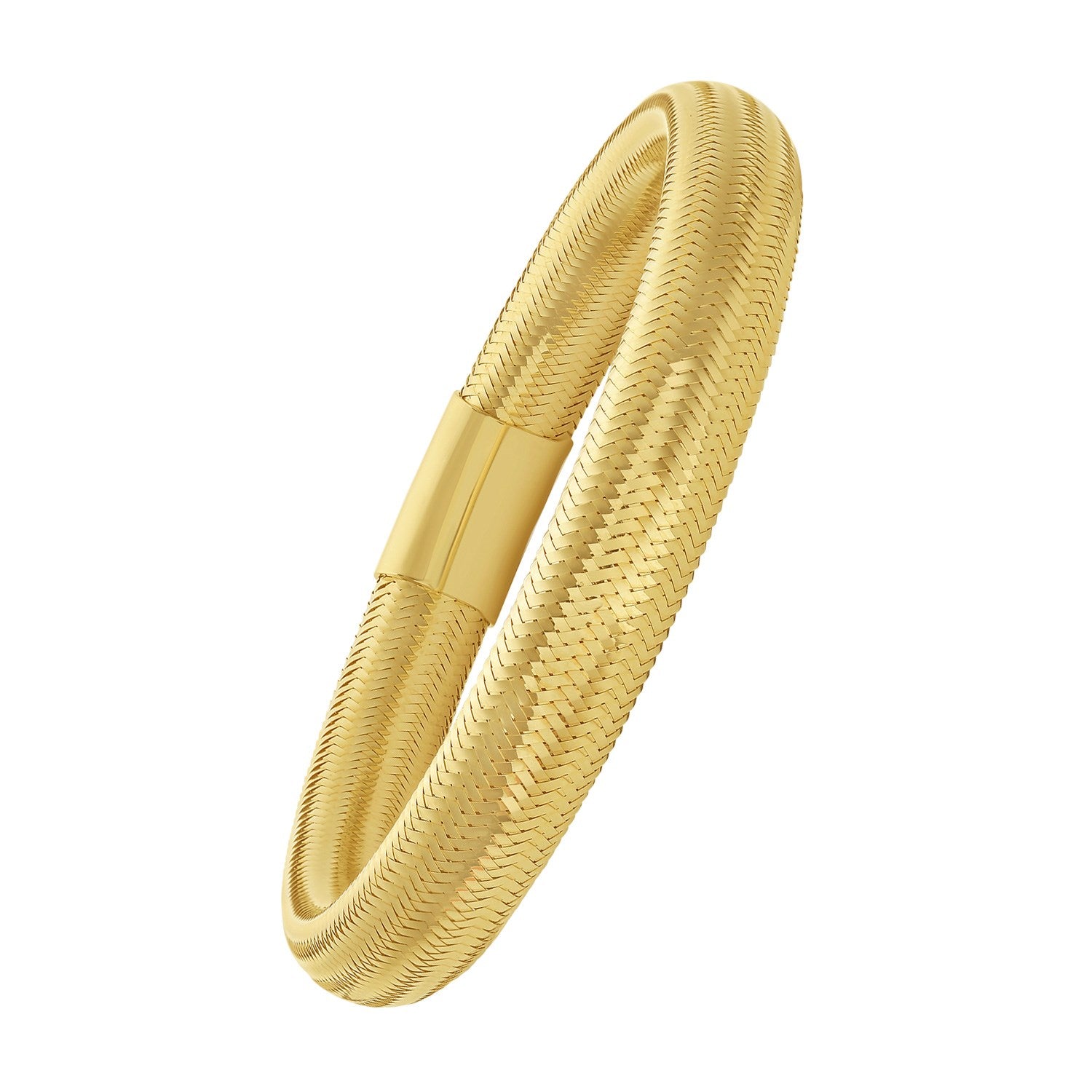 14K yellow gold large stretch mesh bracelet with a herringbone pattern.