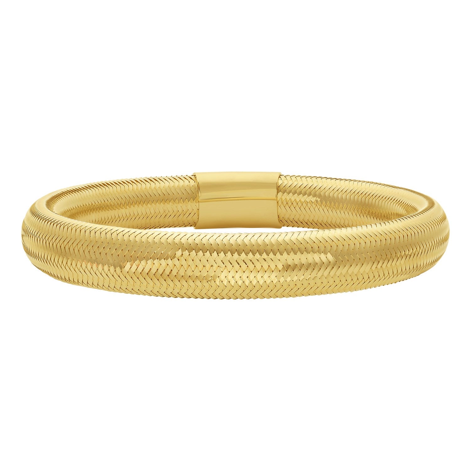 A wide, flexible 14K yellow gold mesh bracelet with a smooth, polished clasp.