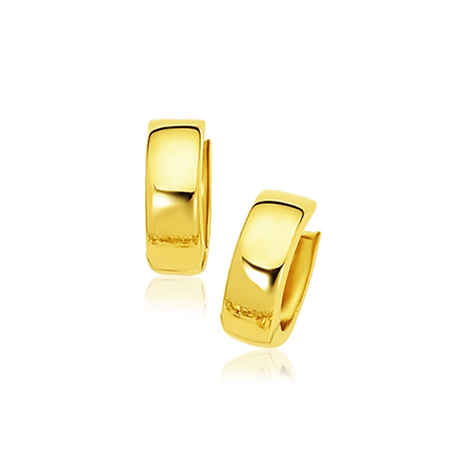 A pair of shiny 14k yellow gold snuggable hoop earrings with snap backs.