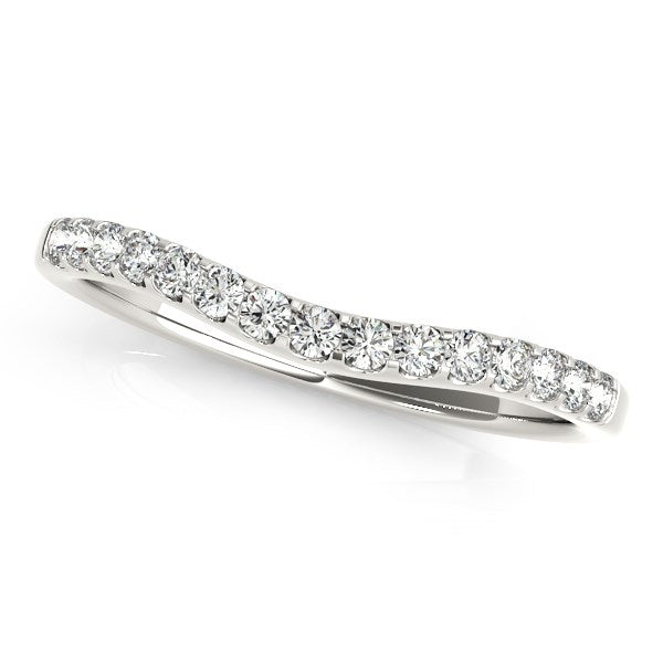 14k white gold curvy diamond wedding band with 15 round pave-set diamonds.