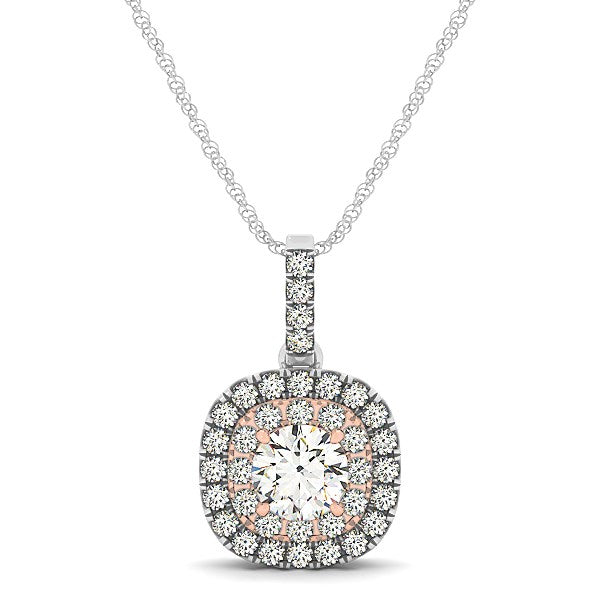White and rose gold cushion halo diamond pendant on a rope chain.