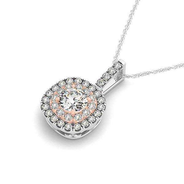 14k white and rose gold cushion shape halo diamond pendant on a white gold chain.