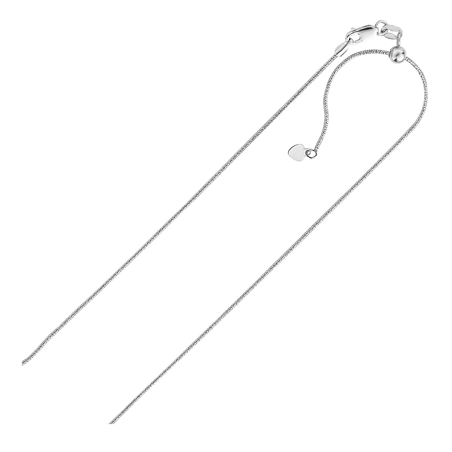 Sterling silver 0.8mm adjustable snake chain with a heart dangle and lobster clasp.