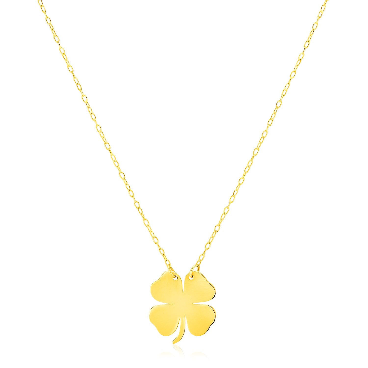 14K yellow gold four-leaf clover necklace with a link chain.