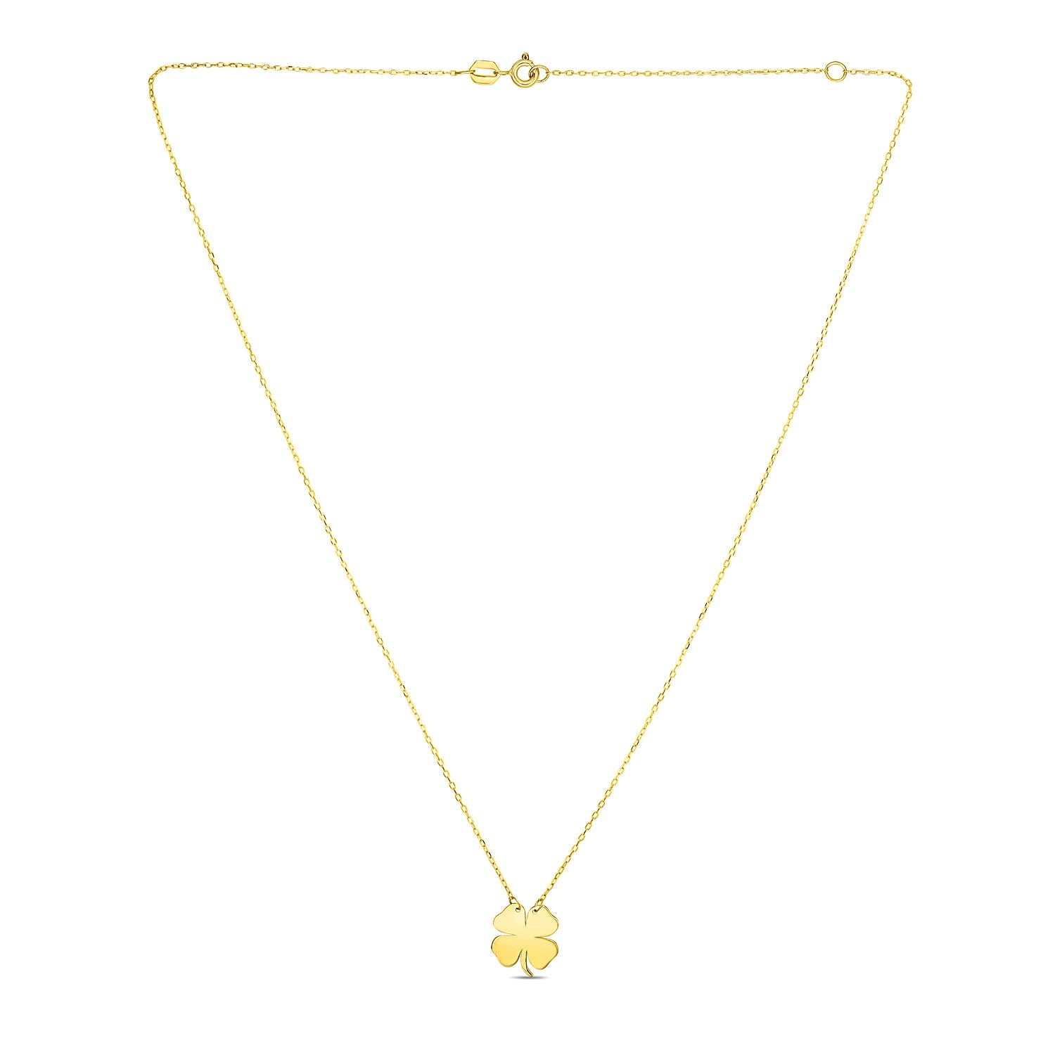 14K yellow gold necklace with a polished four-leaf clover pendant.