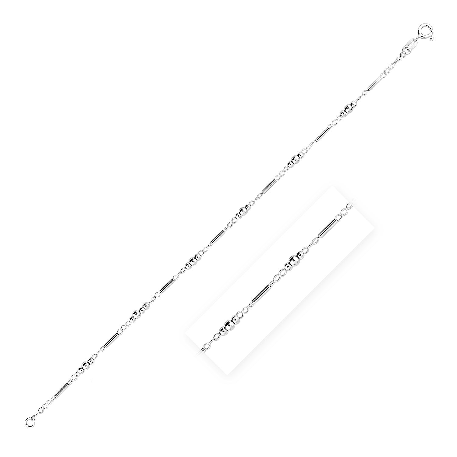 Sterling silver anklet with polished bars and groups of beads, featuring a lobster clasp.