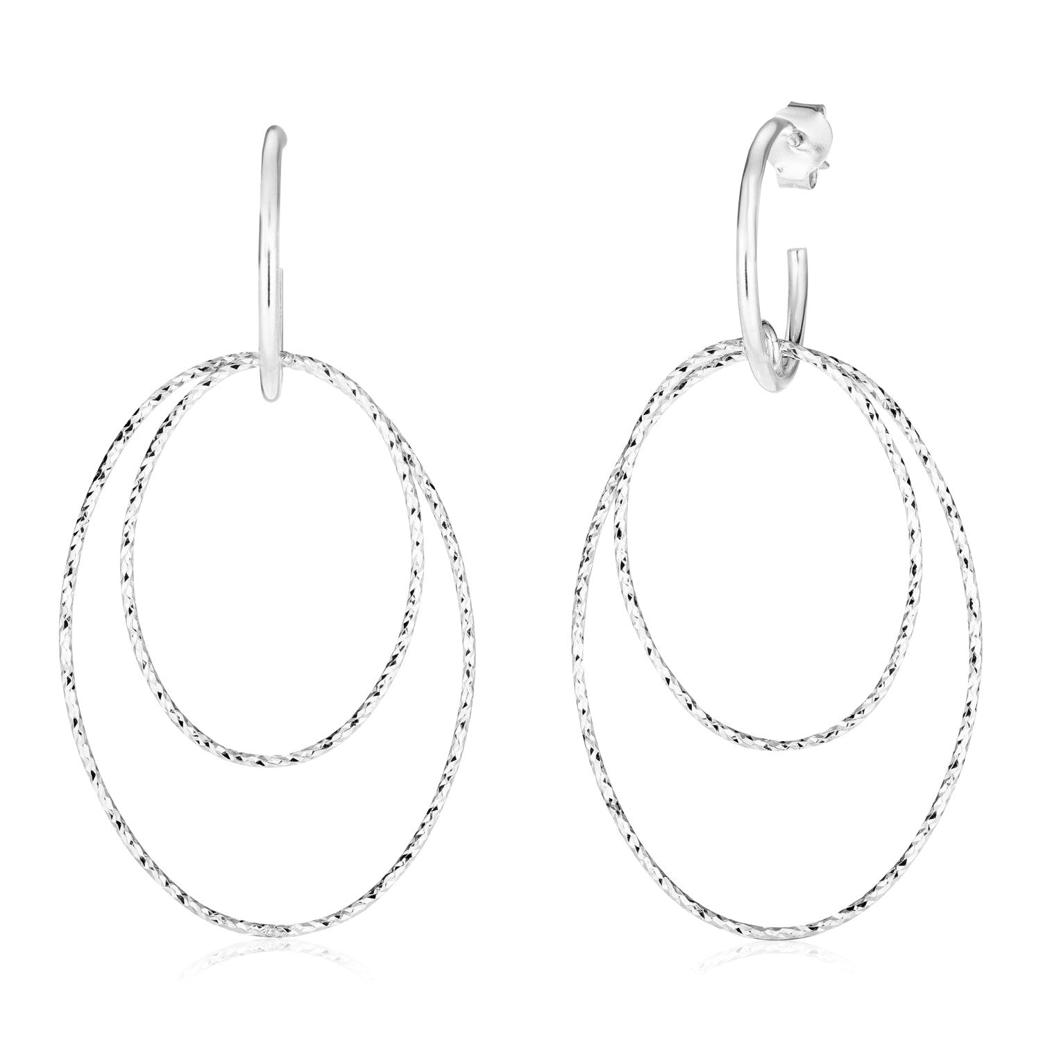 Sterling silver double oval textured dangle earrings with polished hoops and push-back clasps.