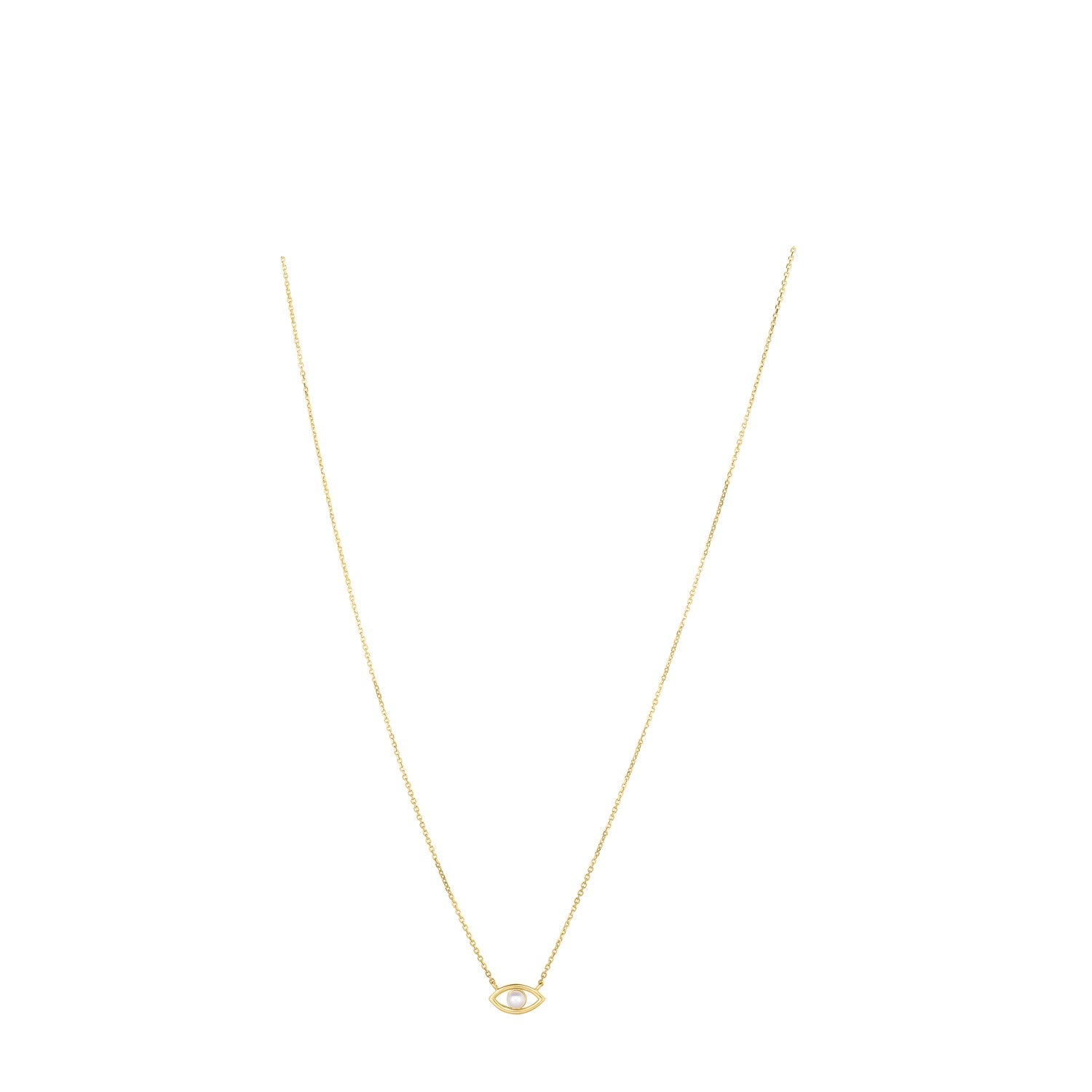14k yellow gold rolo chain necklace with a pearl evil eye pendant.