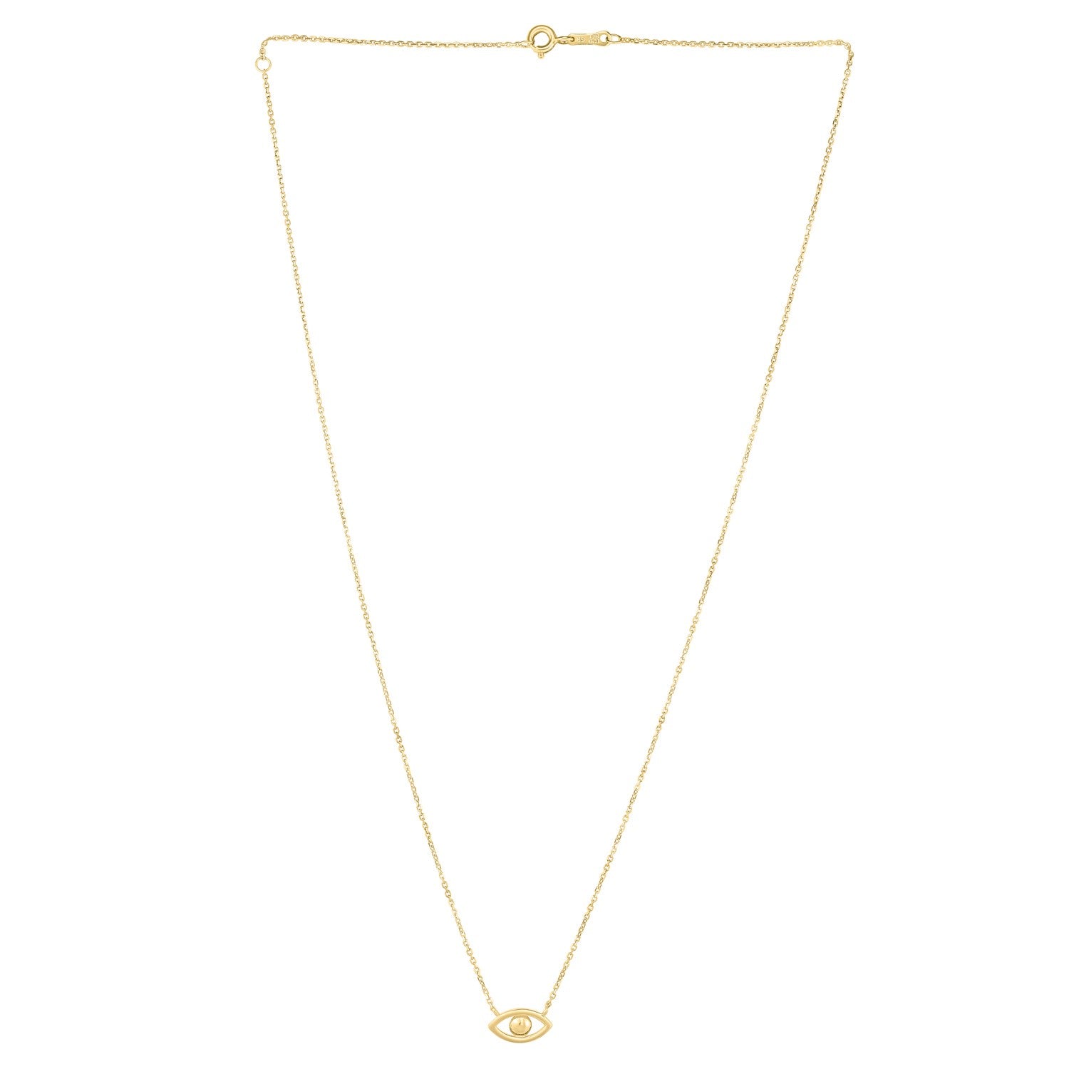 14k yellow gold necklace with a pearl evil eye pendant on a rolo chain.