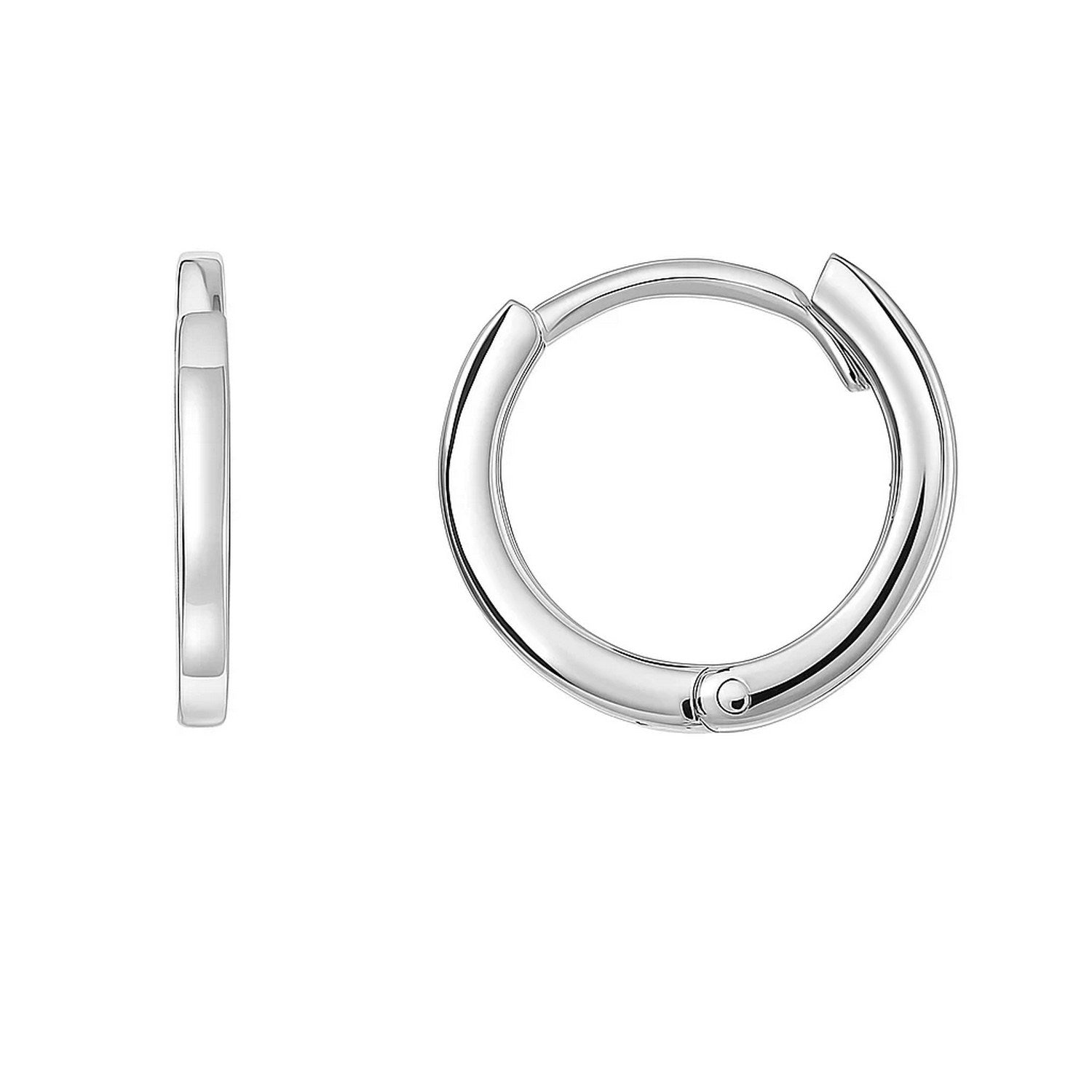Pair of polished 14k white gold petite round hoop earrings with snap clasps.