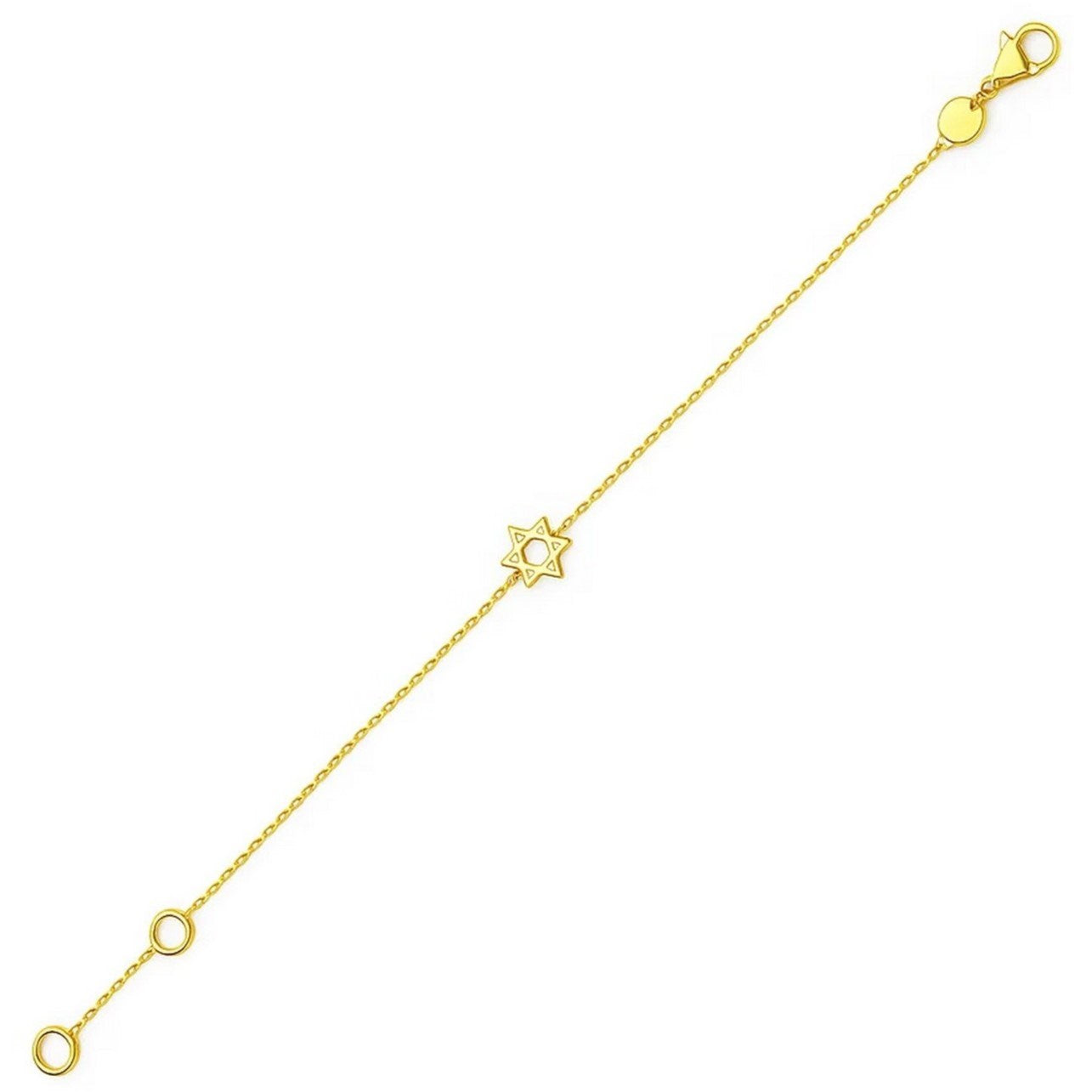 14k yellow gold Star of David bracelet with a lobster clasp.