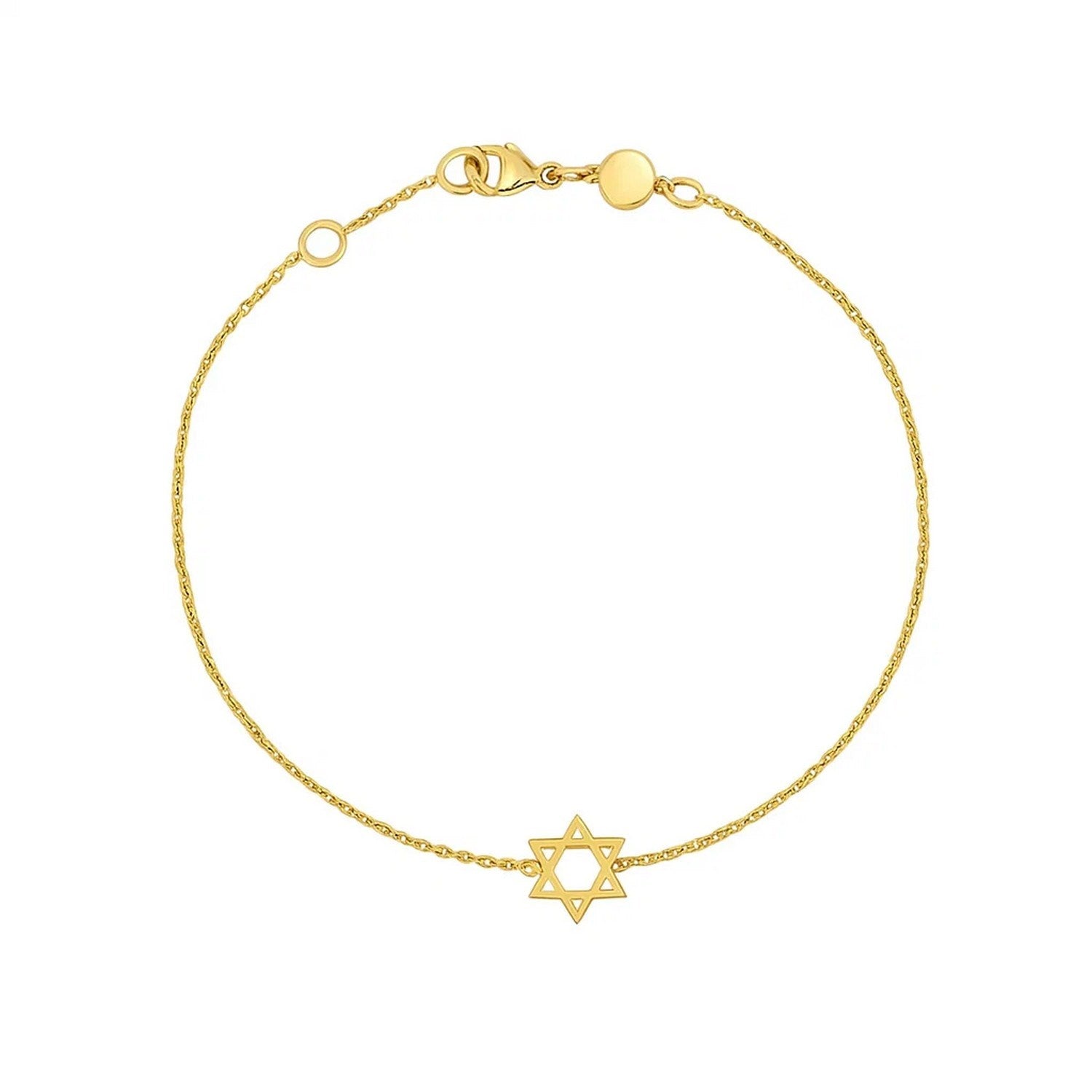 14k yellow gold Star of David bracelet with a lobster clasp.