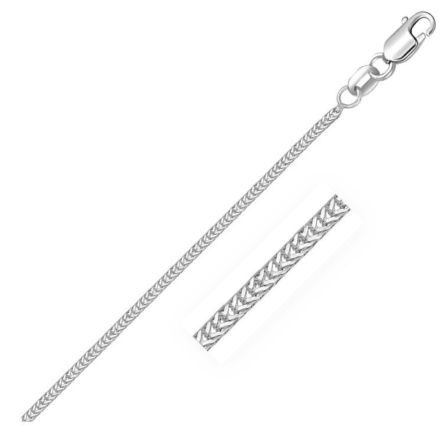 A 14k white gold foxtail chain with a lobster clasp.