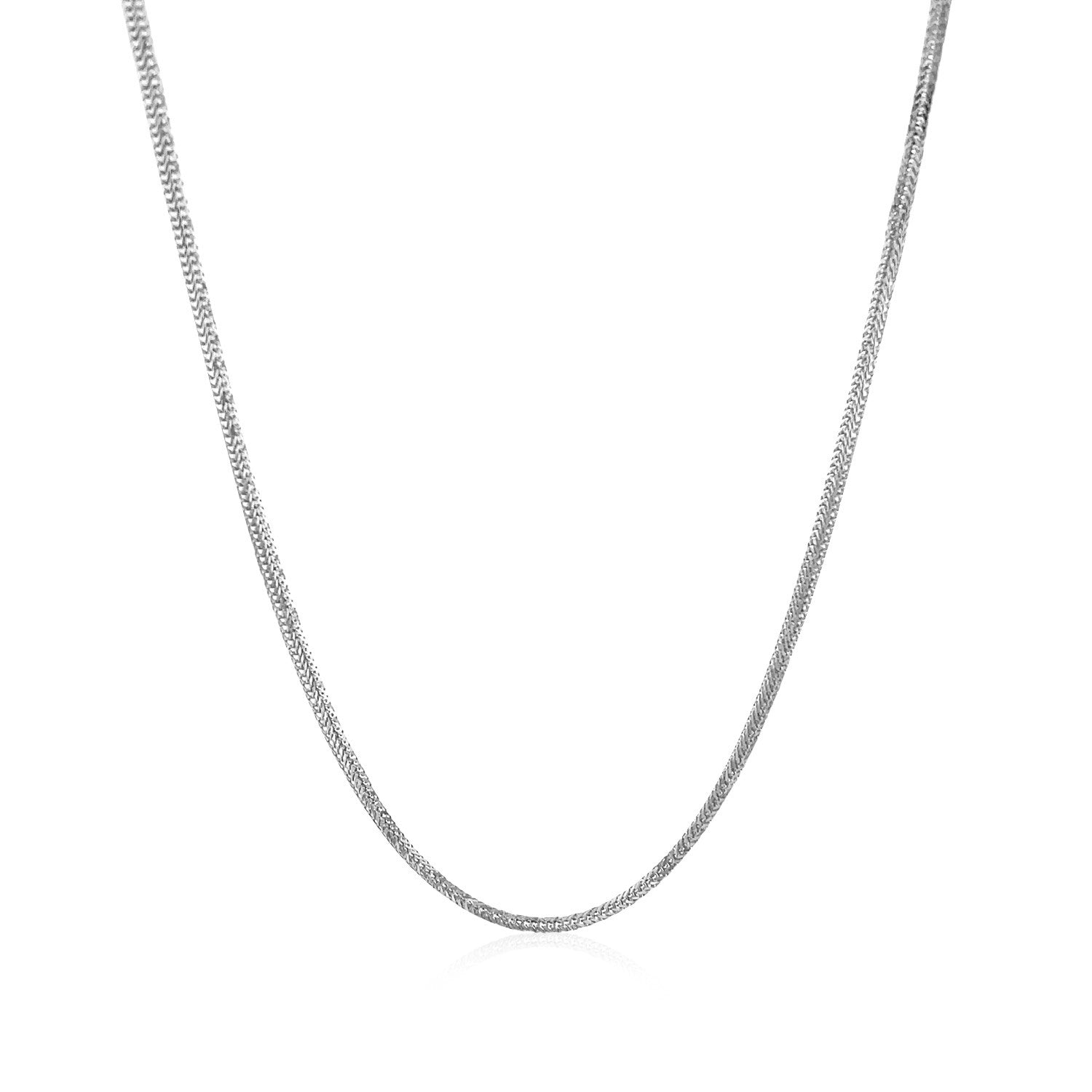 A 14k white gold foxtail chain, 1.00 mm wide, hangs in a gentle curve.