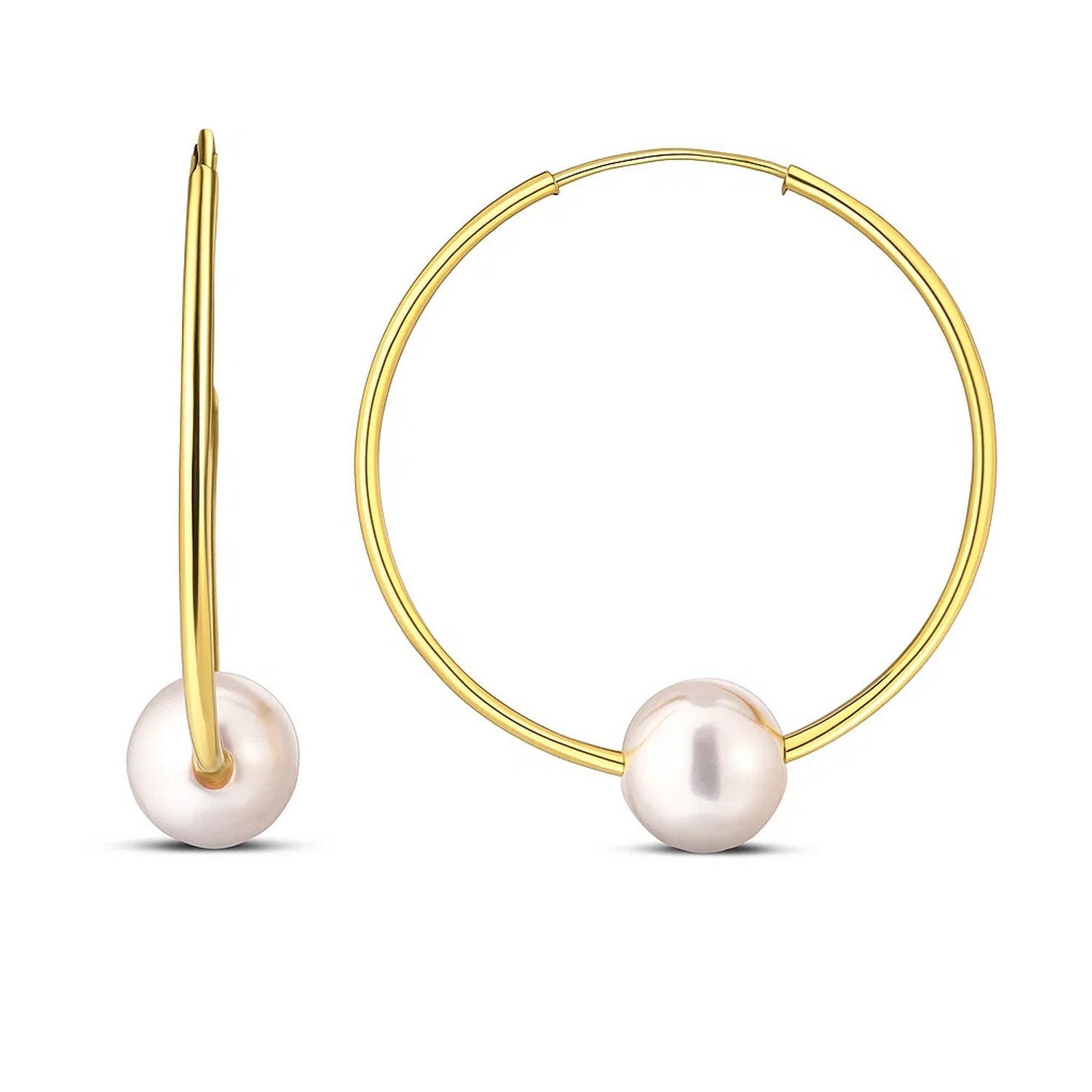 14k yellow gold endless hoop earrings with a single round pearl on each.