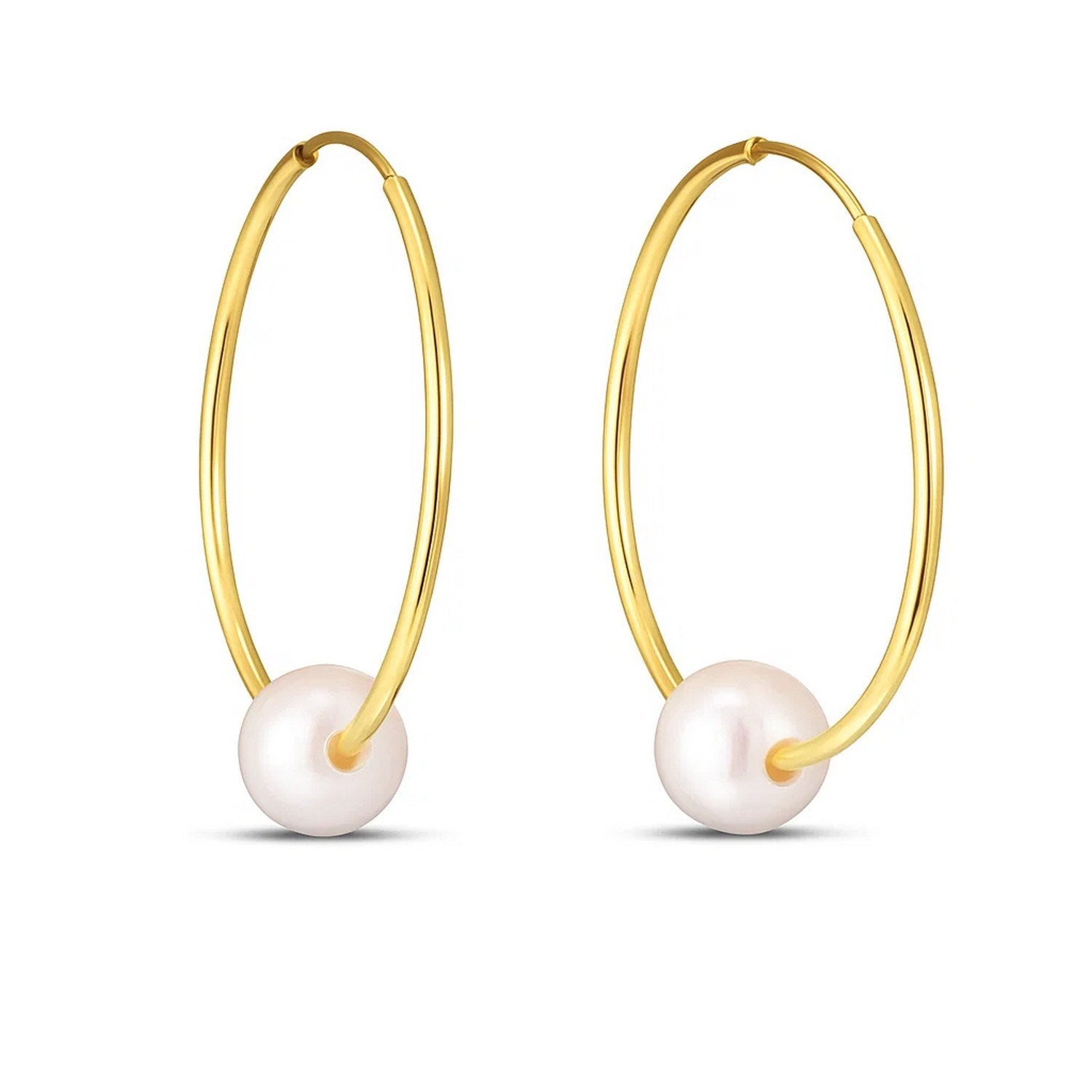 14k yellow gold endless hoop earrings with a single round pearl on each.