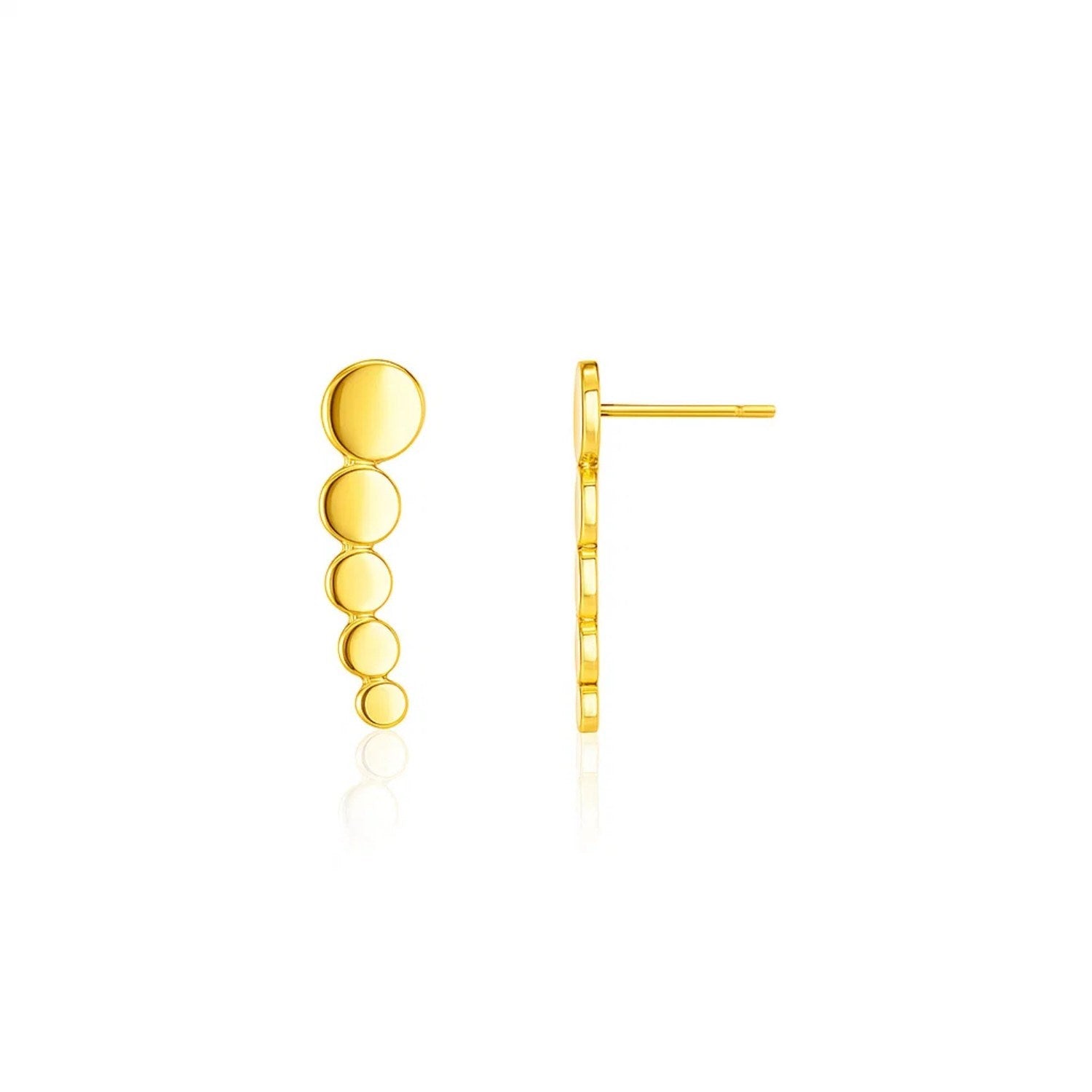 14k yellow gold graduated circles climber post earrings with a reflective surface.