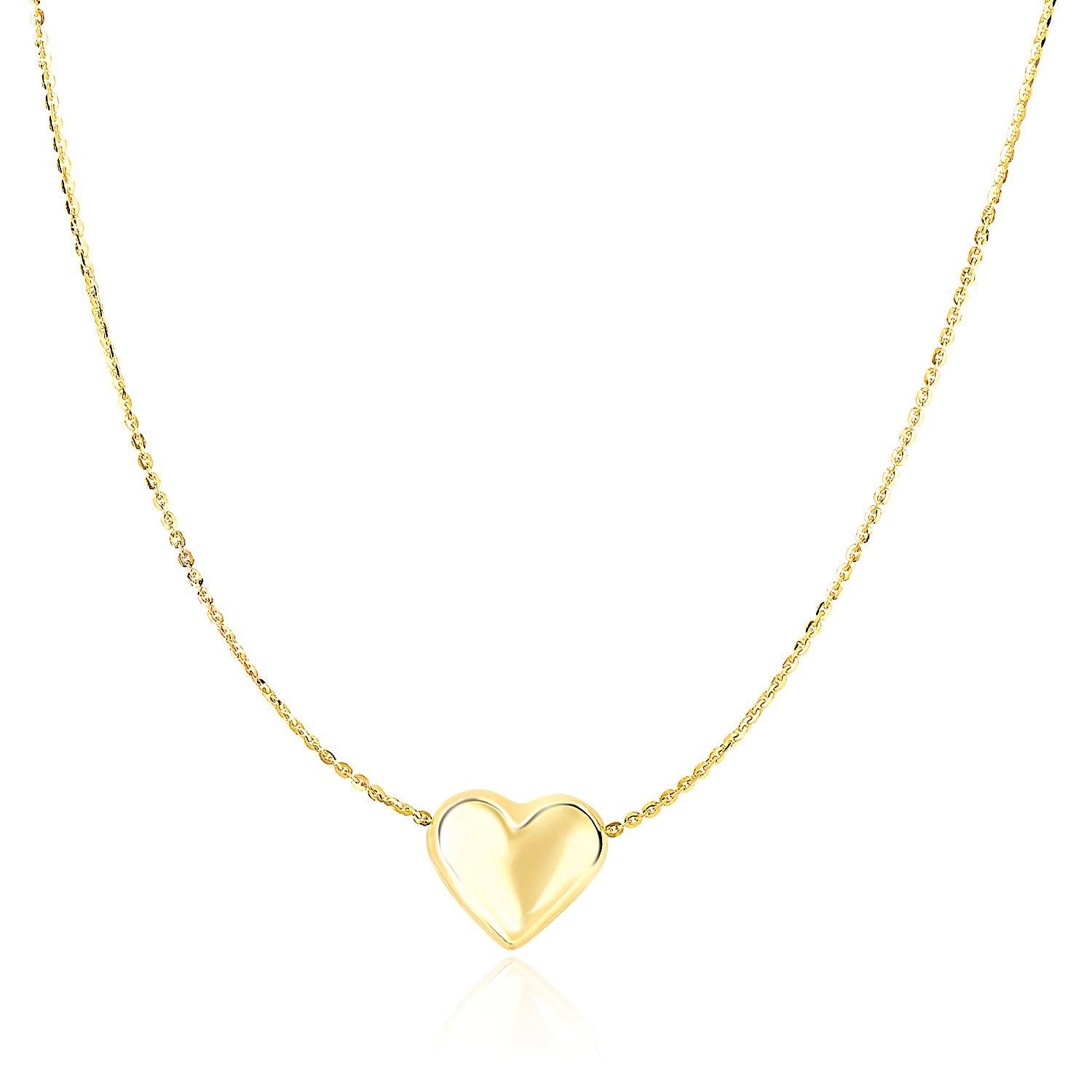 14k yellow gold chain necklace with a sliding puffed heart charm.