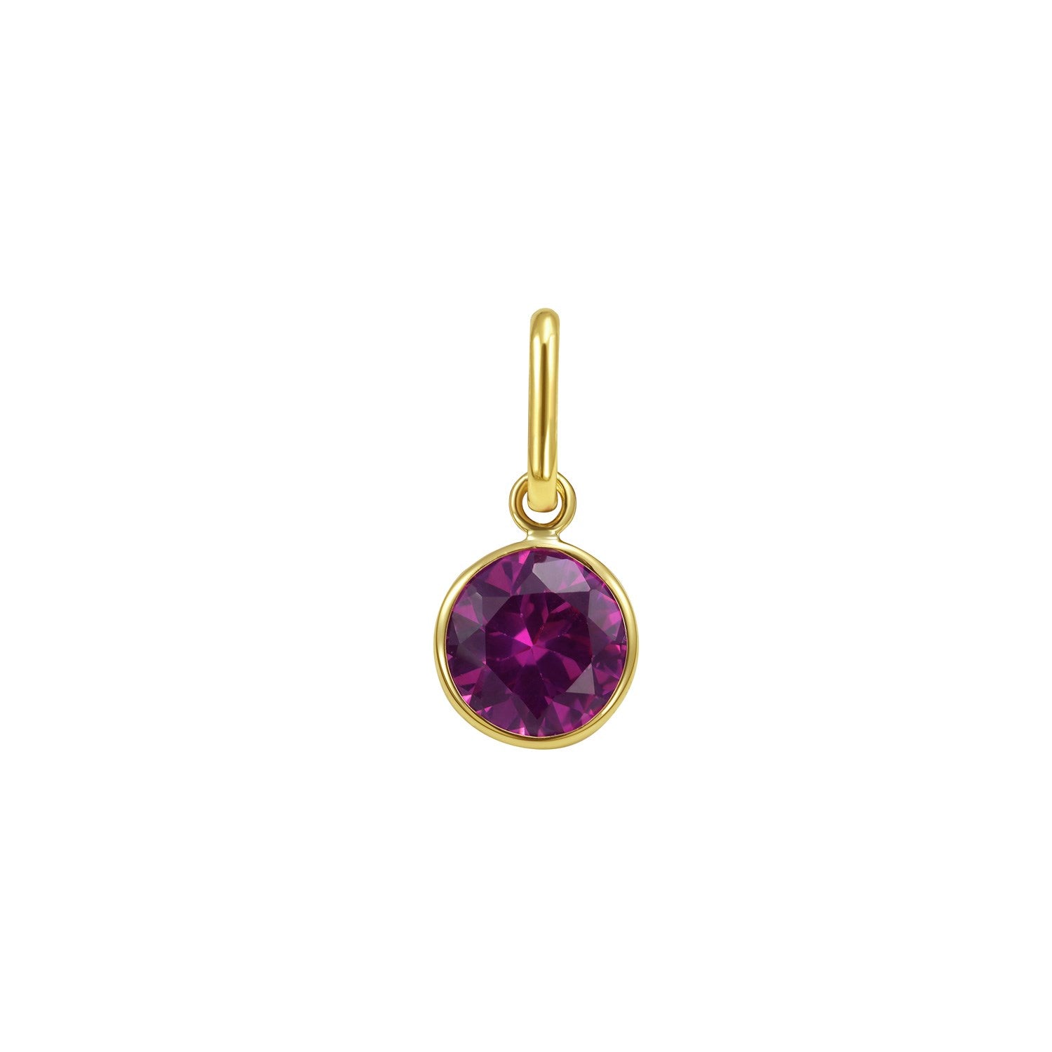 14K yellow gold round charm pendant with a pink sapphire in a bezel setting.
