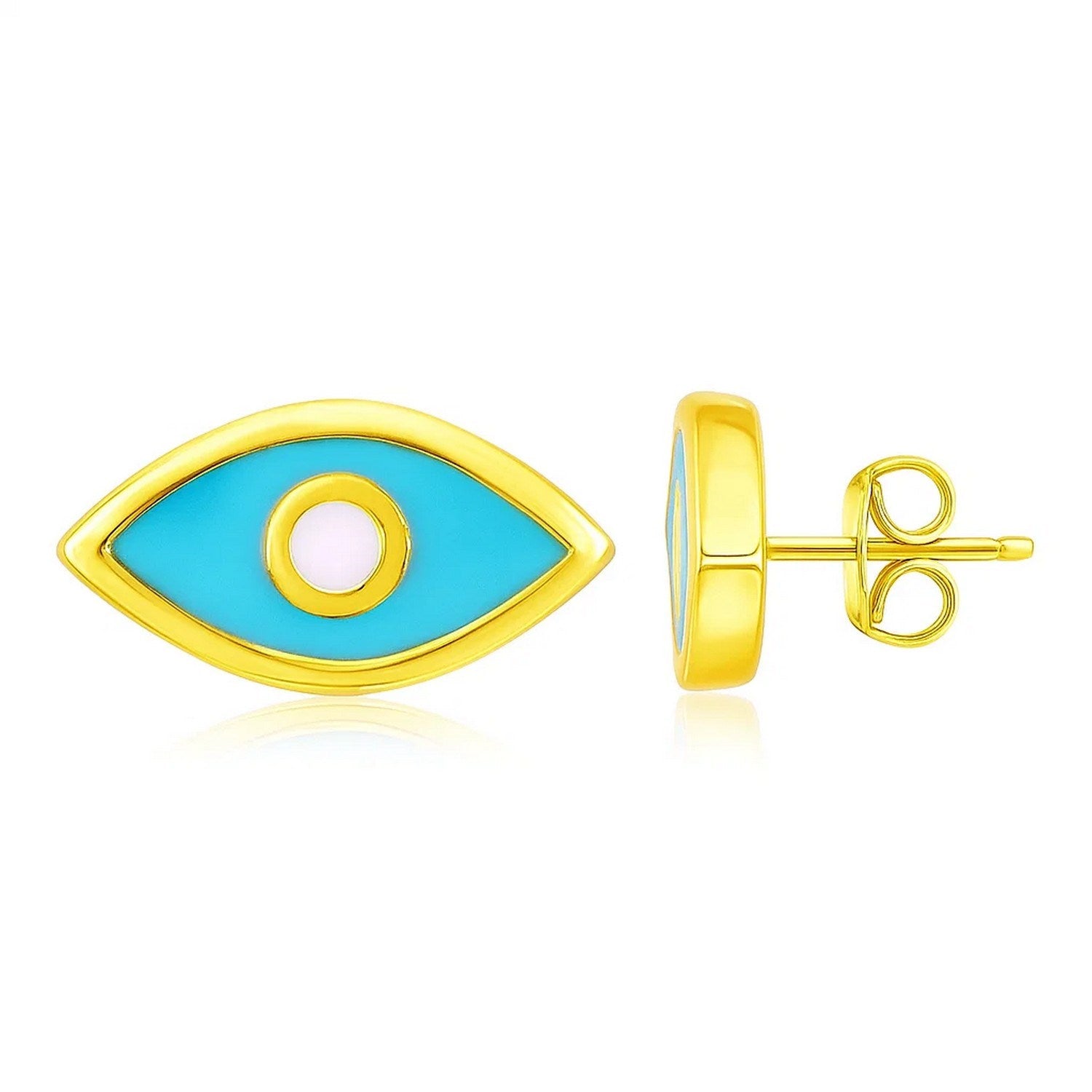 14K yellow gold blue evil eye enamel stud earrings with pushback clasps.