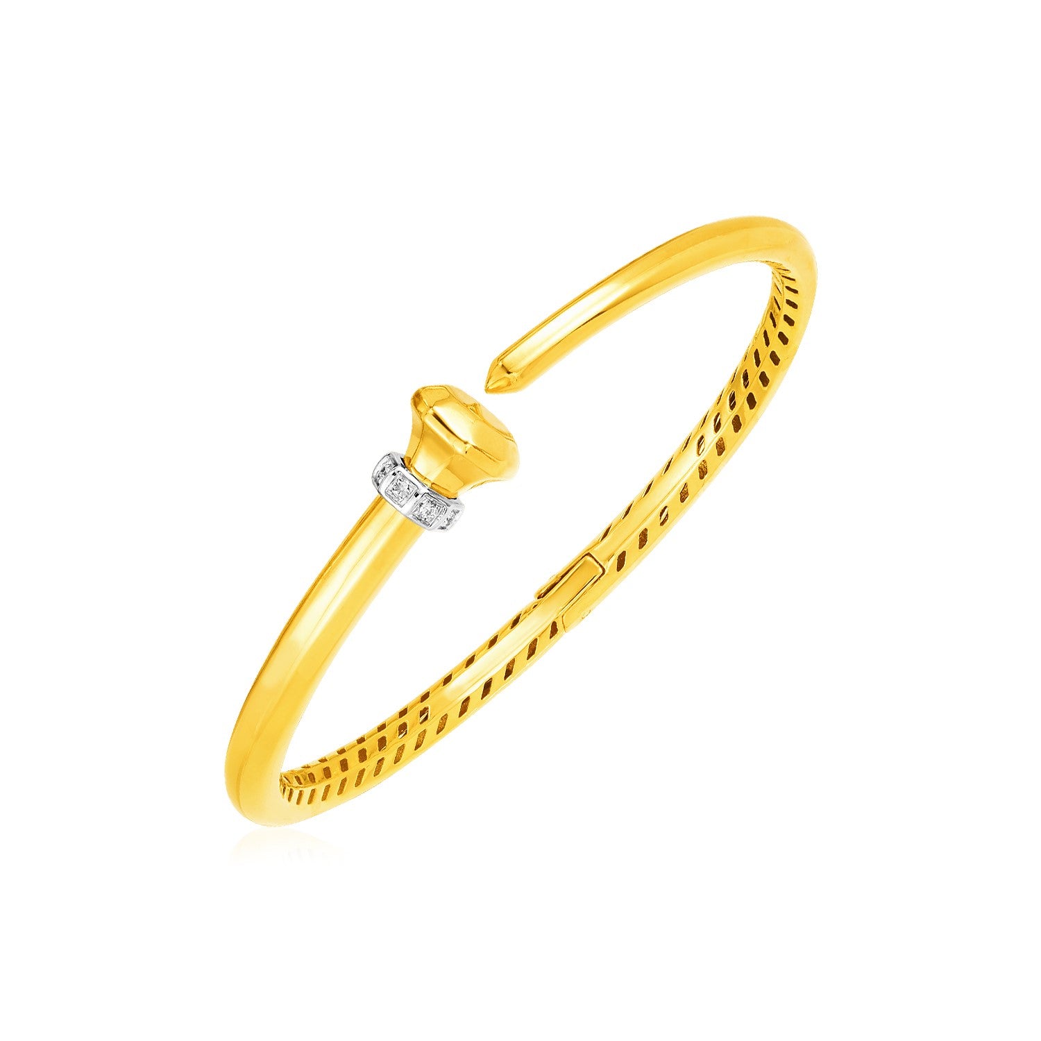 14k yellow gold hinged bangle bracelet with diamonds.