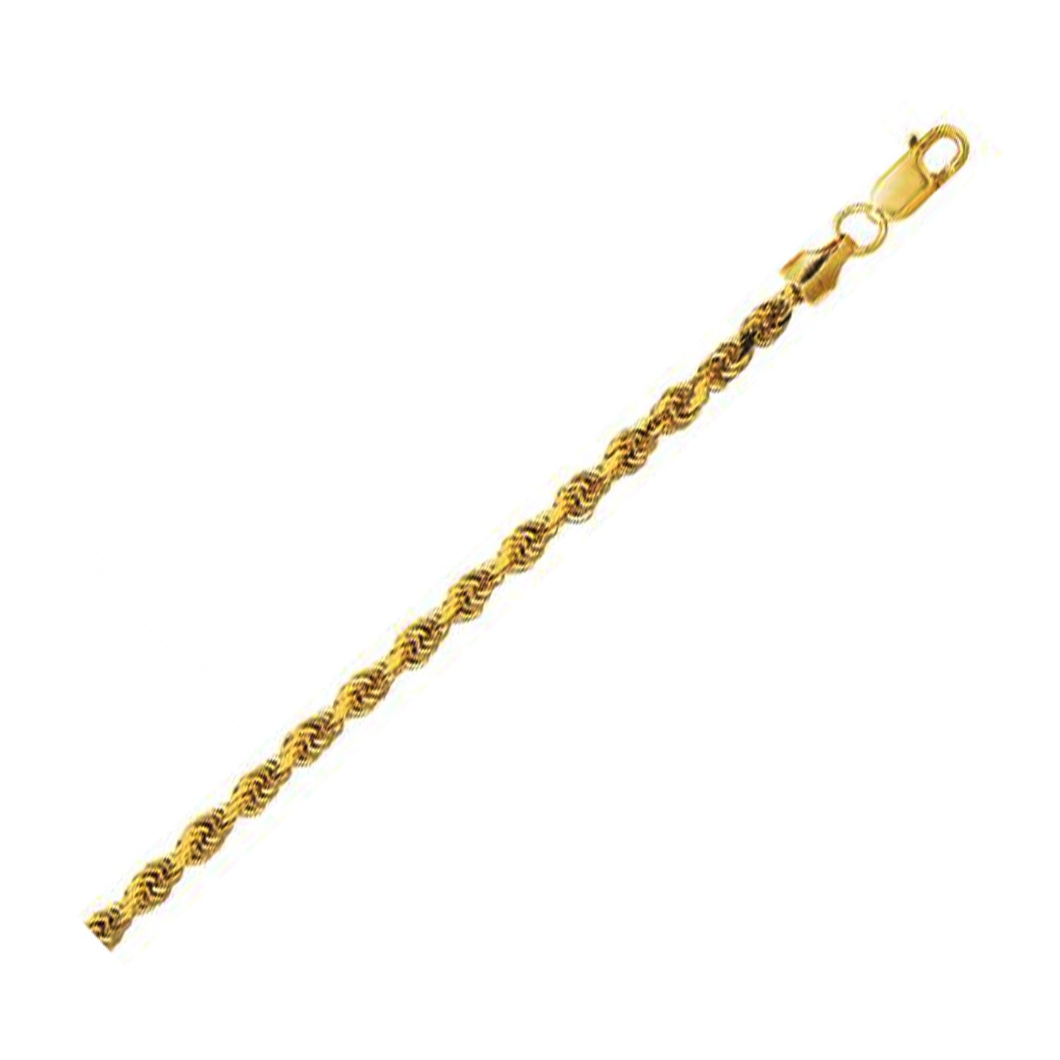 A 14K yellow gold hollow diamond cut rope chain with a lobster clasp.
