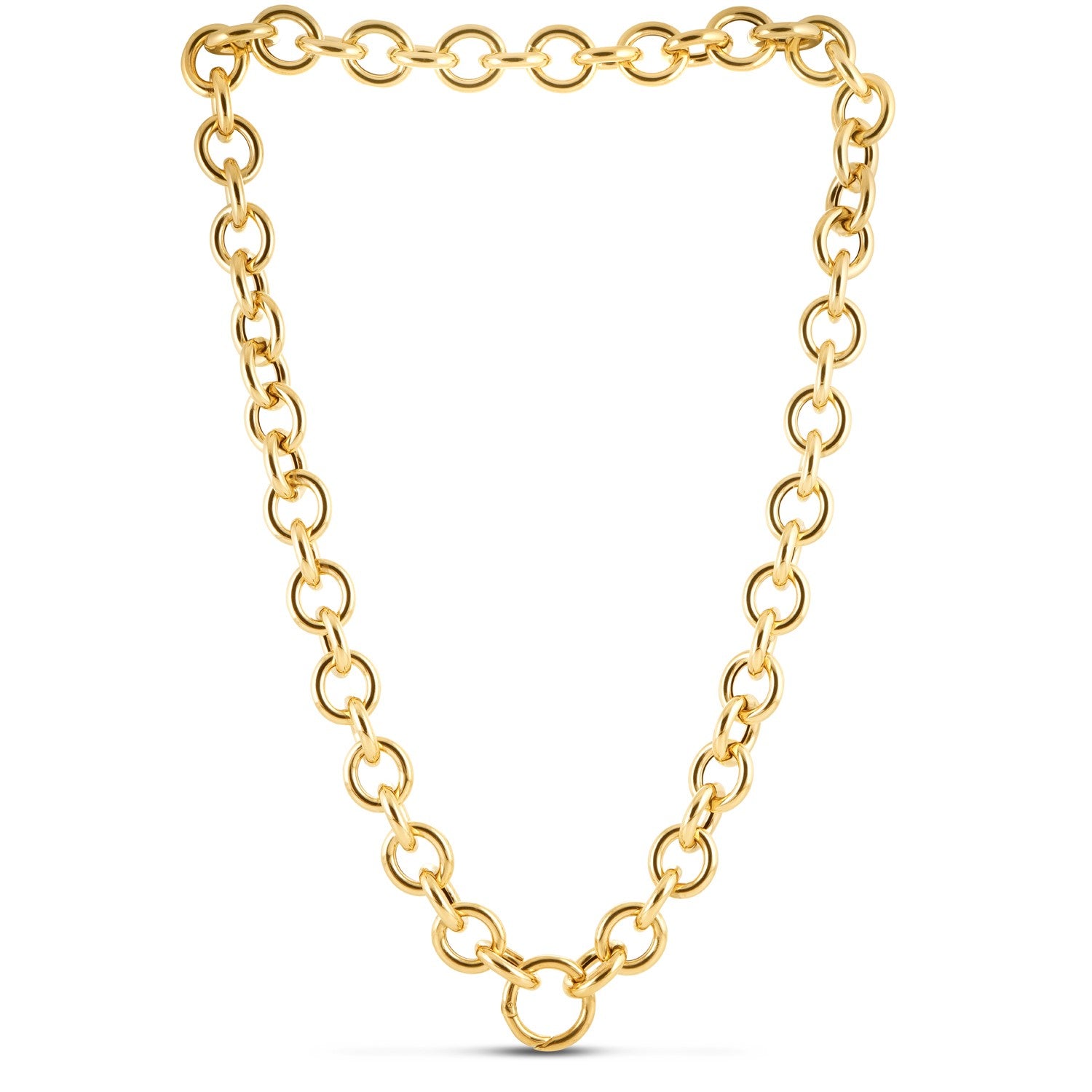 14k yellow gold round link chain necklace with a high polish finish.