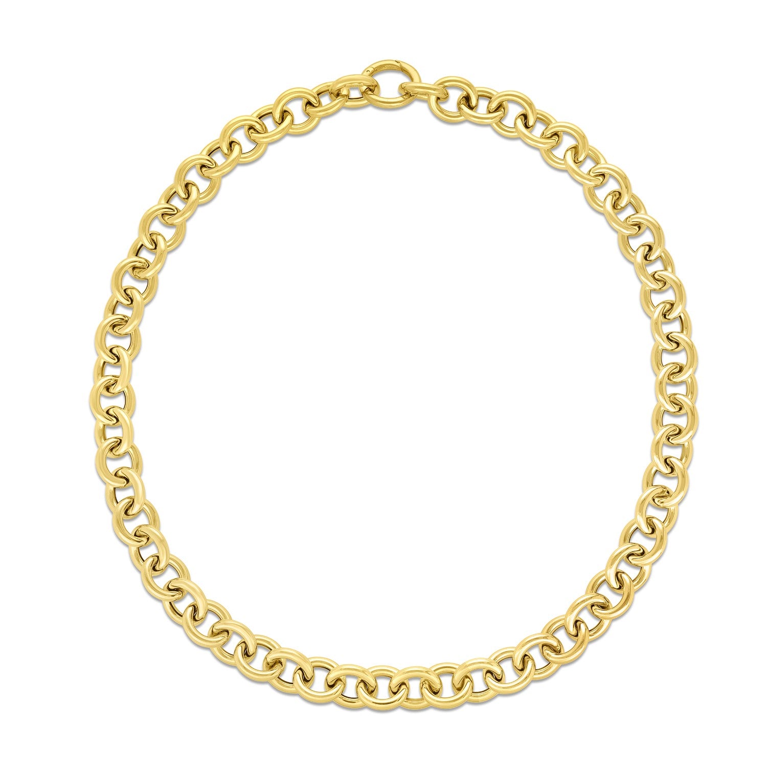 14k yellow gold round link chain necklace with a high polish finish.