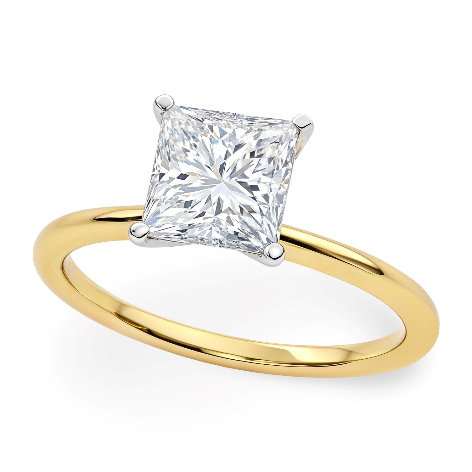 10K yellow gold ring with a princess-cut lab-grown diamond in white gold prongs.