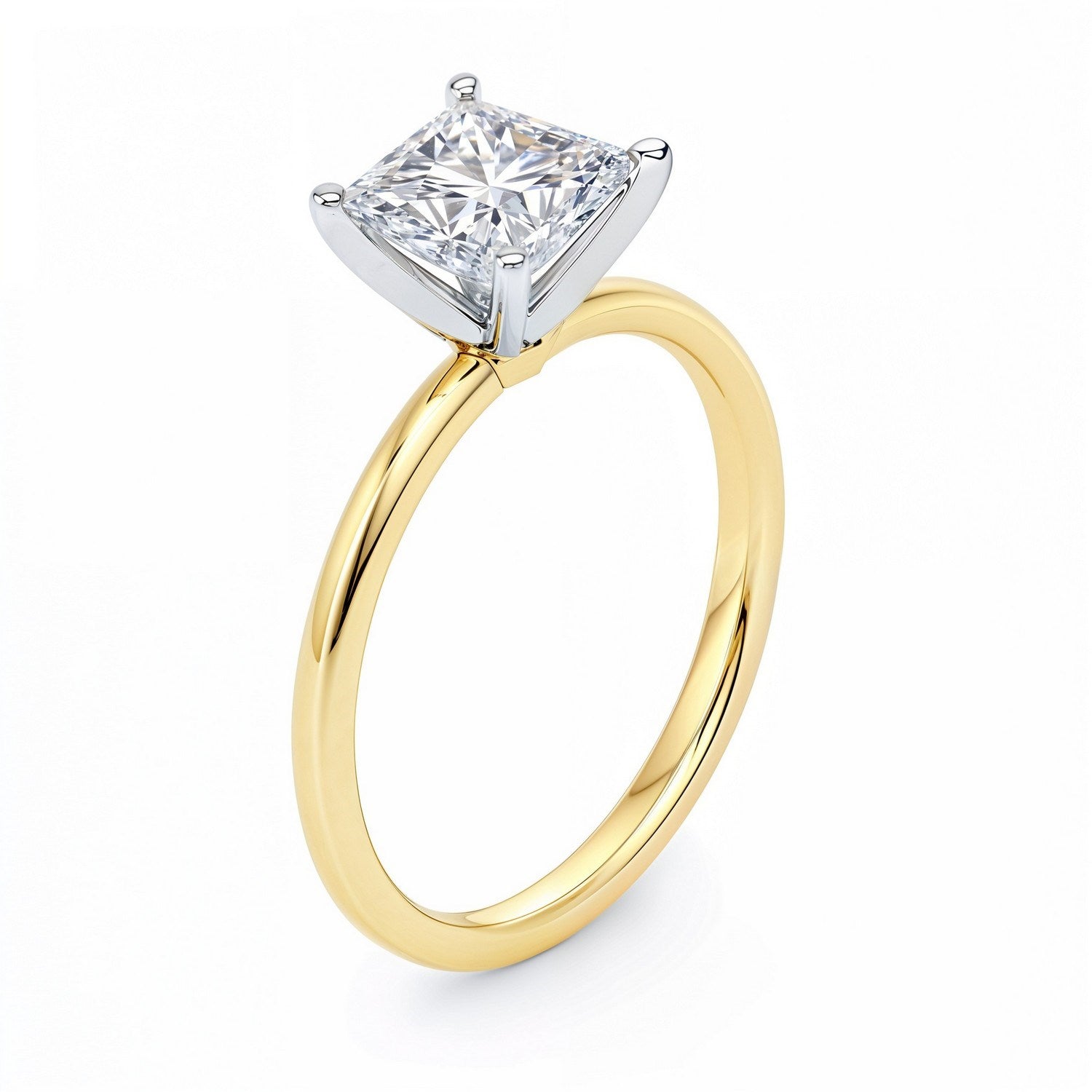 A princess-cut lab-grown diamond ring with a yellow gold band and white gold prongs.