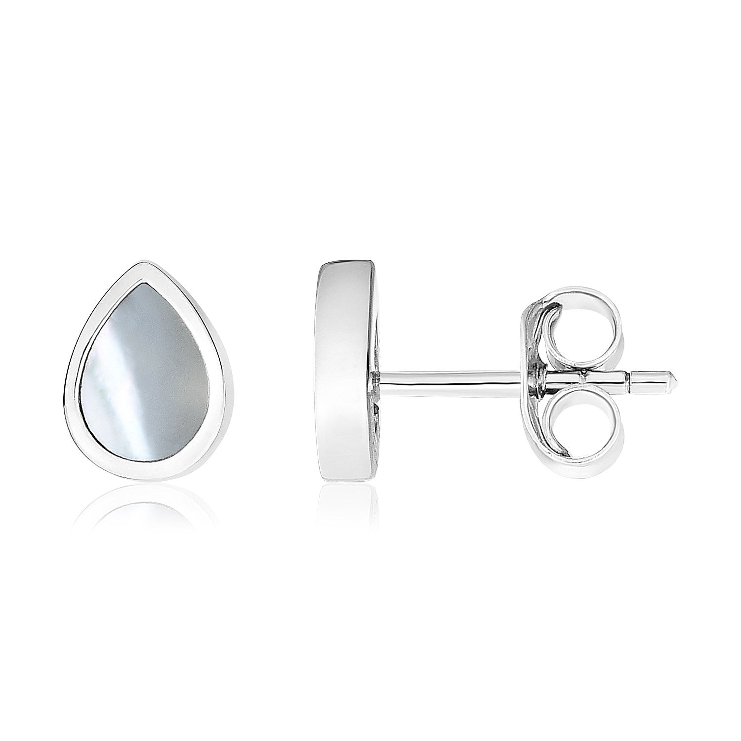 Sterling silver teardrop earrings with mother of pearl inlay and pushback clasps.