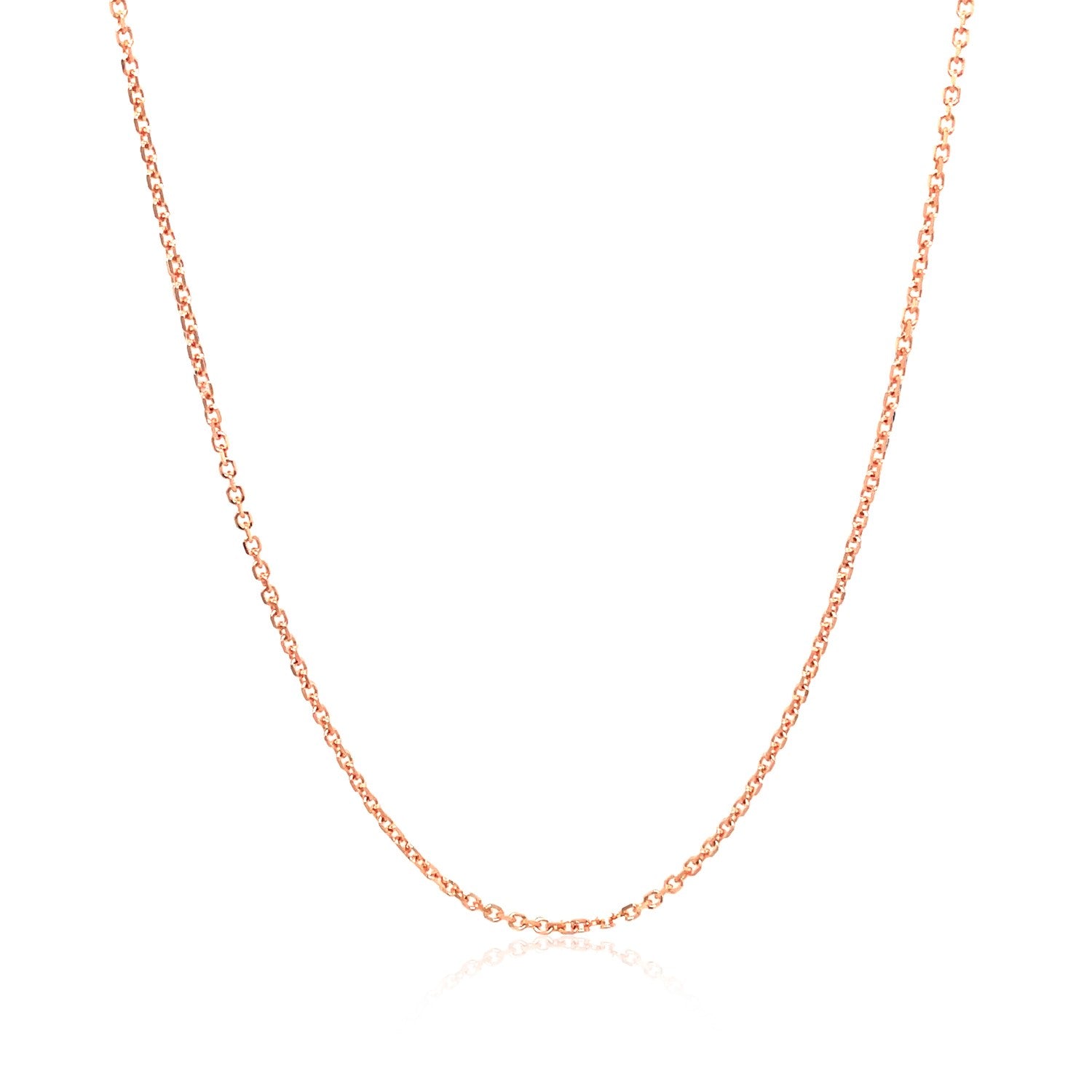A 14k rose gold diamond-cut cable link chain, 1.10 mm wide, with a lobster clasp.