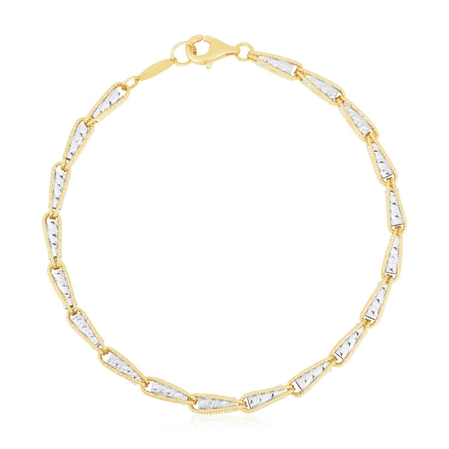 14k two-tone gold high polish diamond cut link chain bracelet with a lobster clasp.