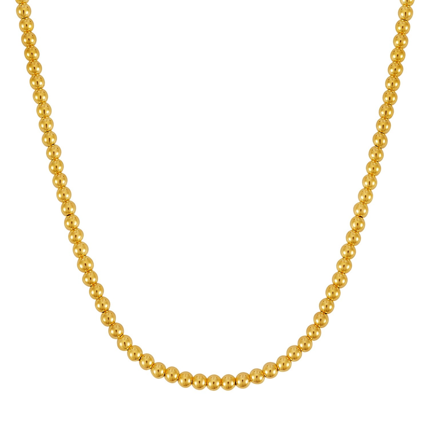 A 14k yellow gold bead chain necklace with polished 5mm beads.