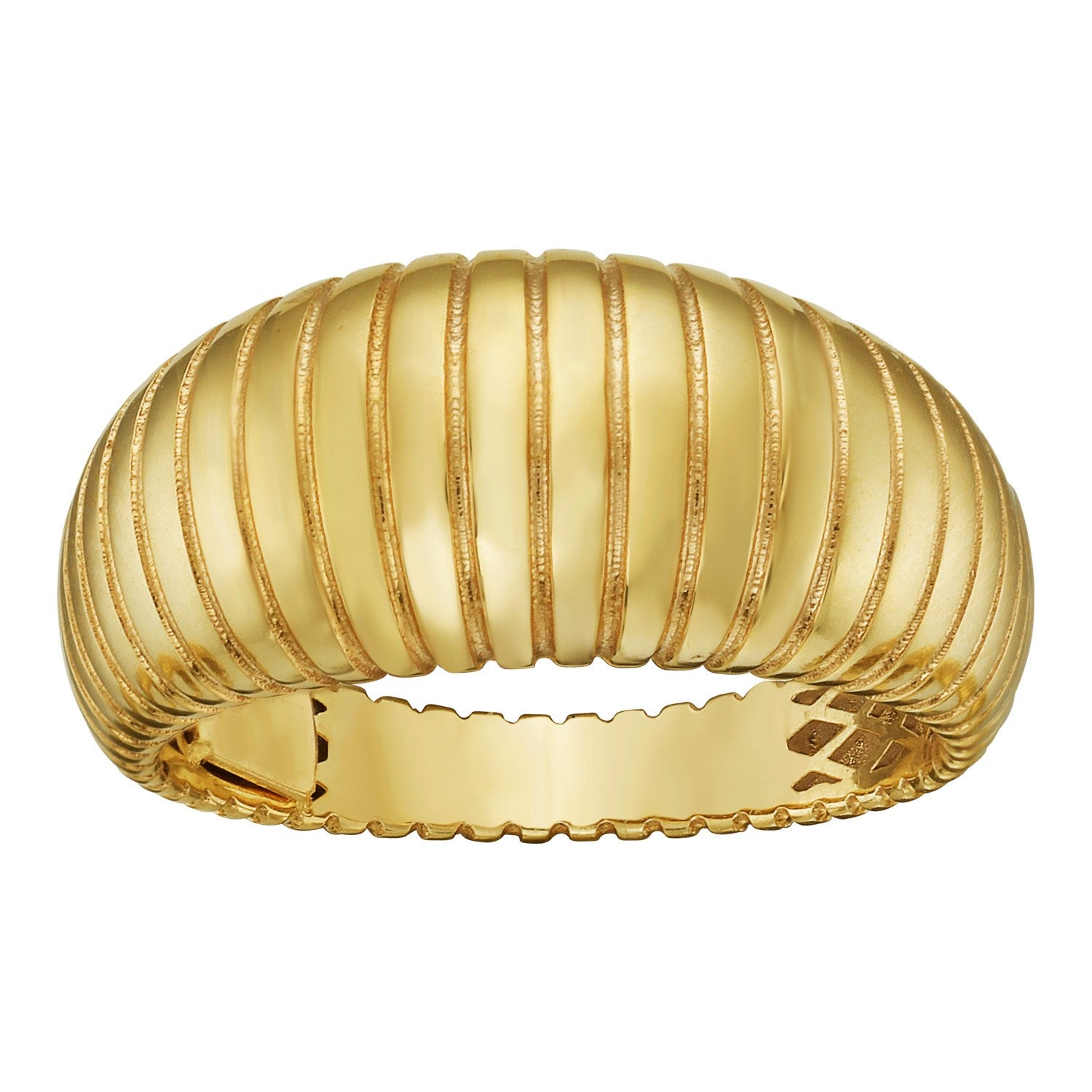 14K yellow gold graduated tubogas ring with a ribbed, polished finish.