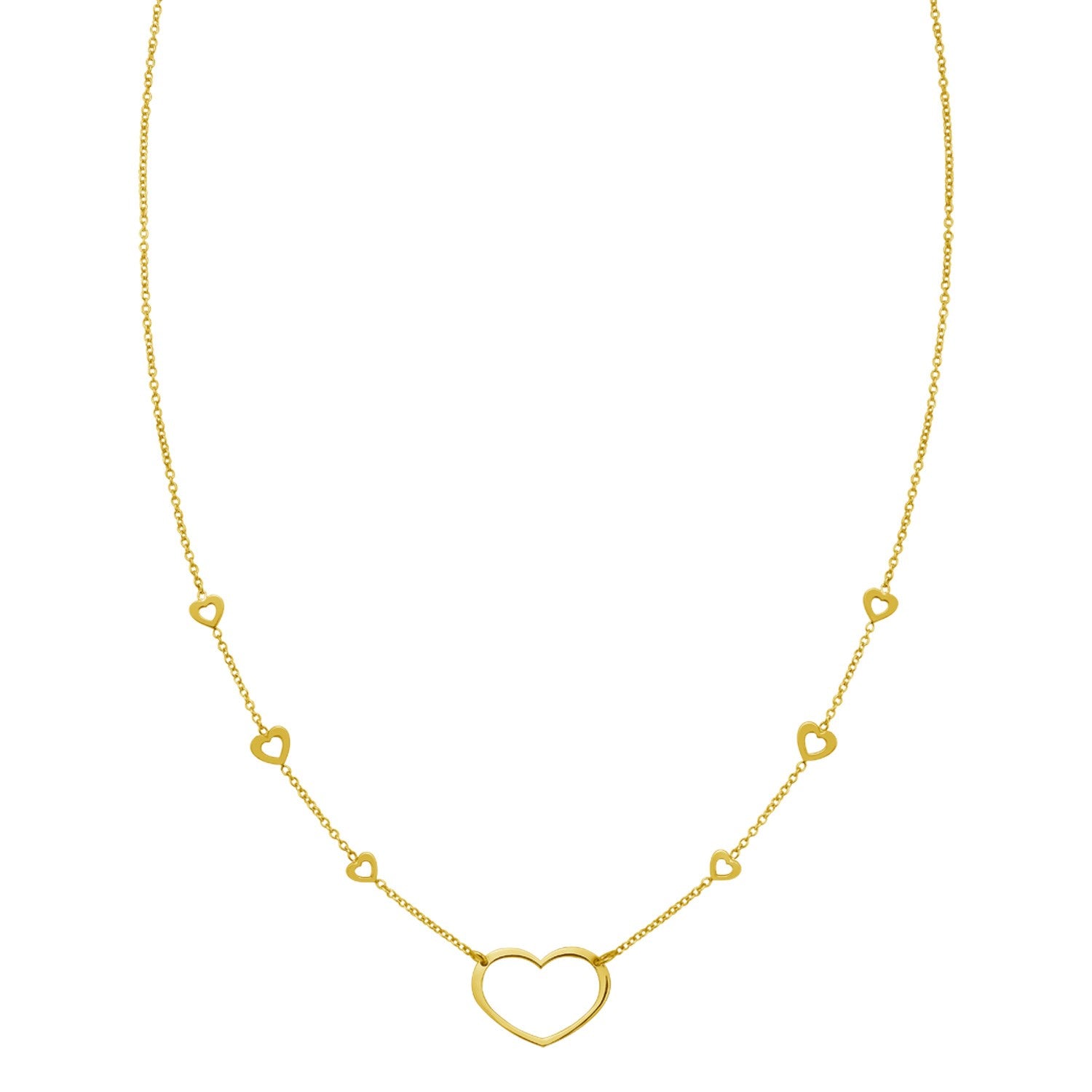 14K yellow gold necklace with open heart stations and a larger open heart pendant.
