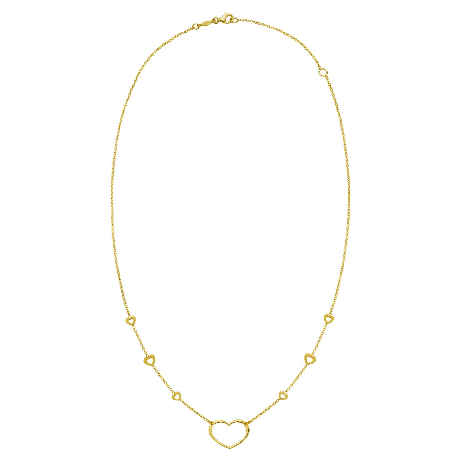 14K yellow gold necklace with open heart stations and a lobster clasp.