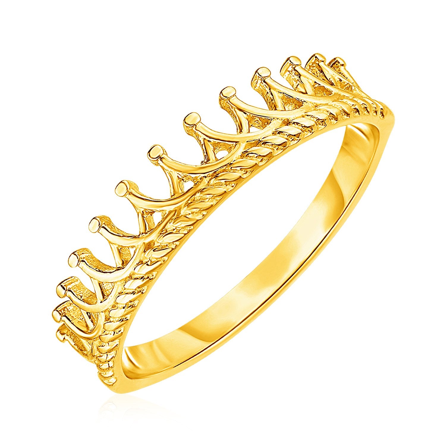 14k yellow gold crown motif ring with a textured band.