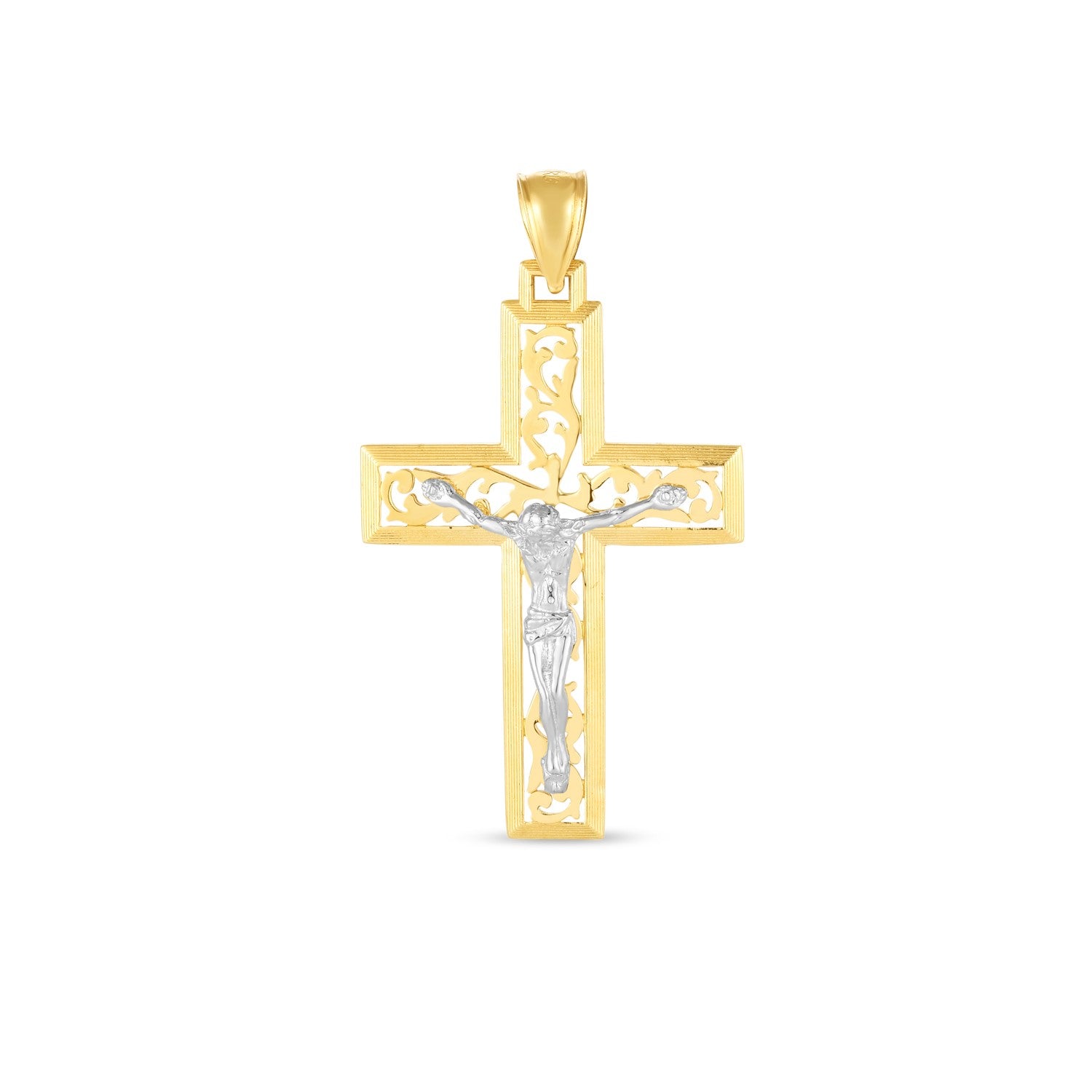 14k two-tone gold high polish diamond cut cross pendant with a white gold crucifix.