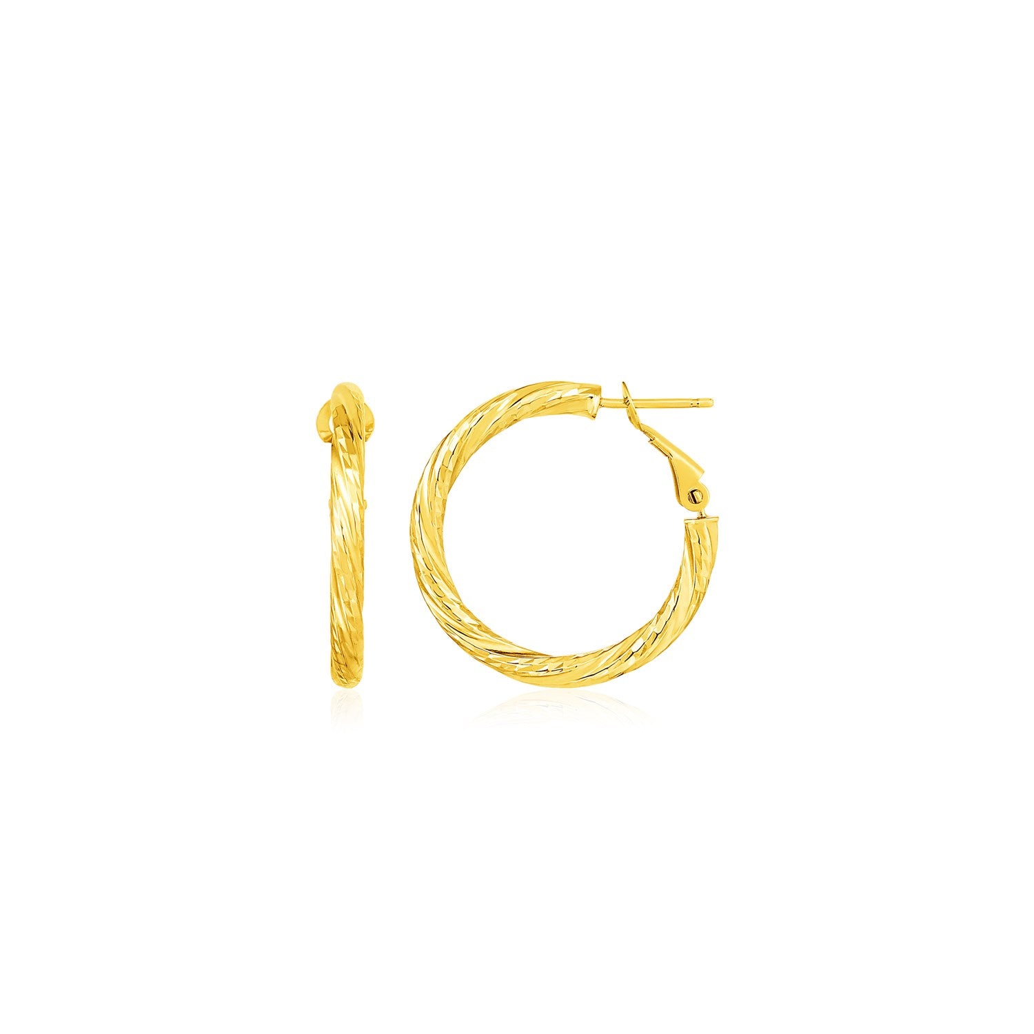 A pair of 14k yellow gold petite twisted round hoop earrings with snap clasps.