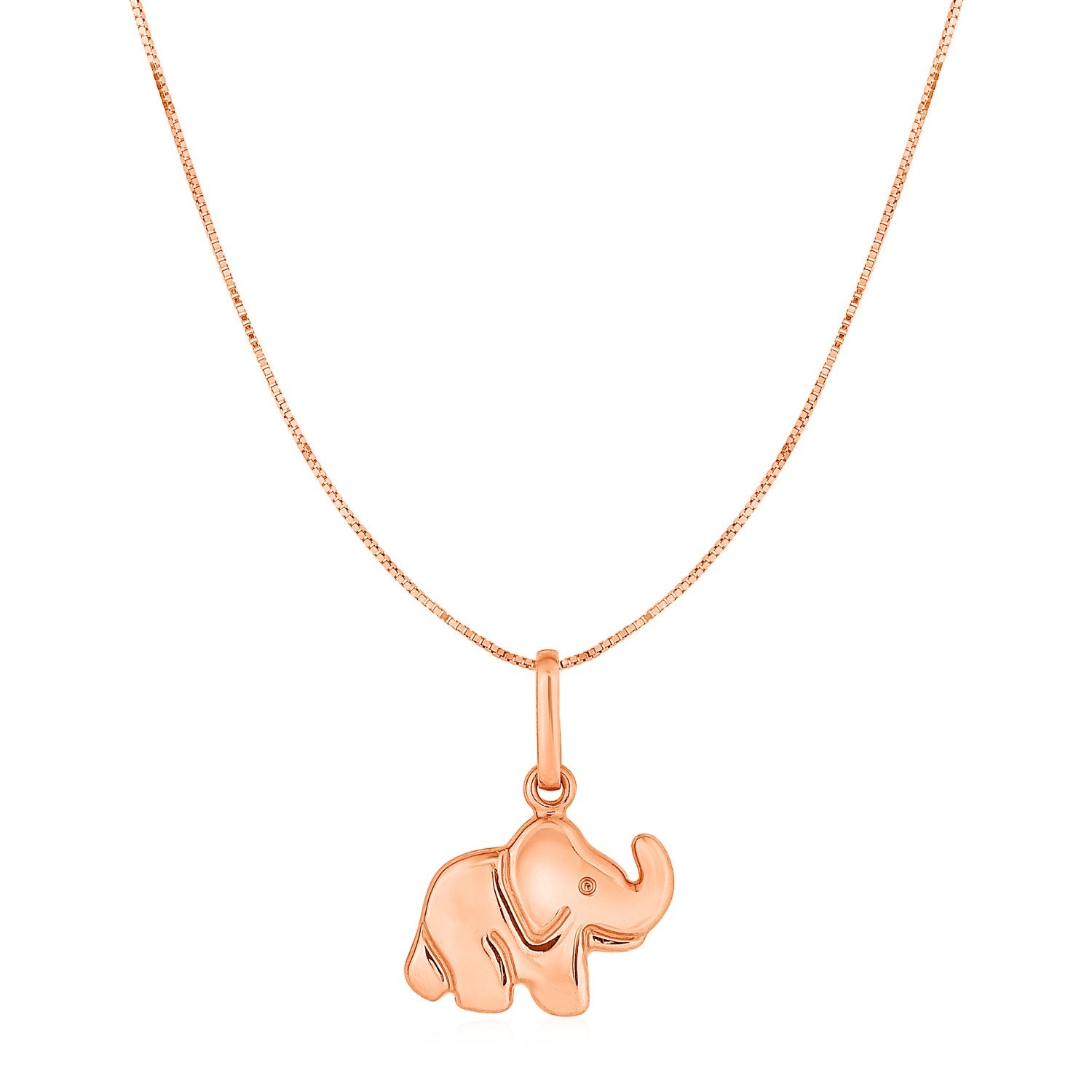Rose gold elephant pendant on a box chain.