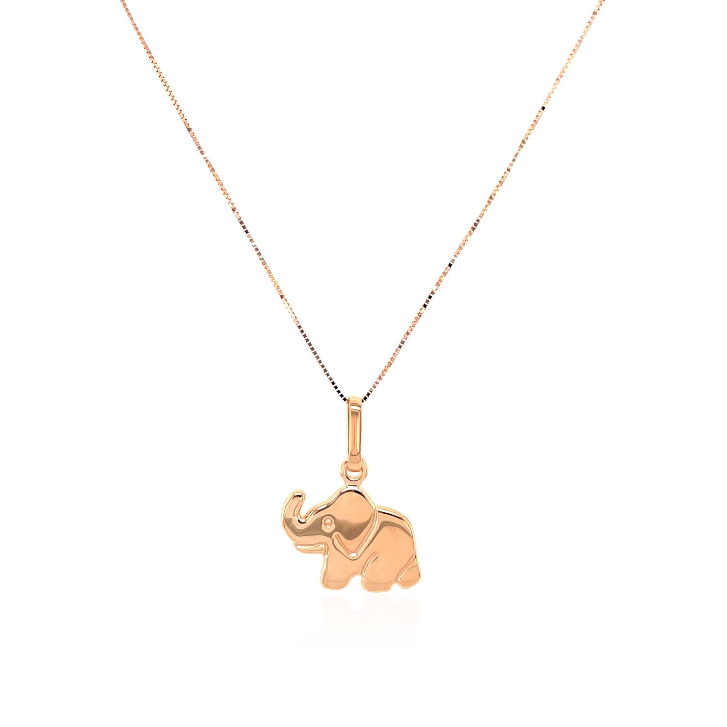 Rose gold elephant pendant on an 18-inch box chain.