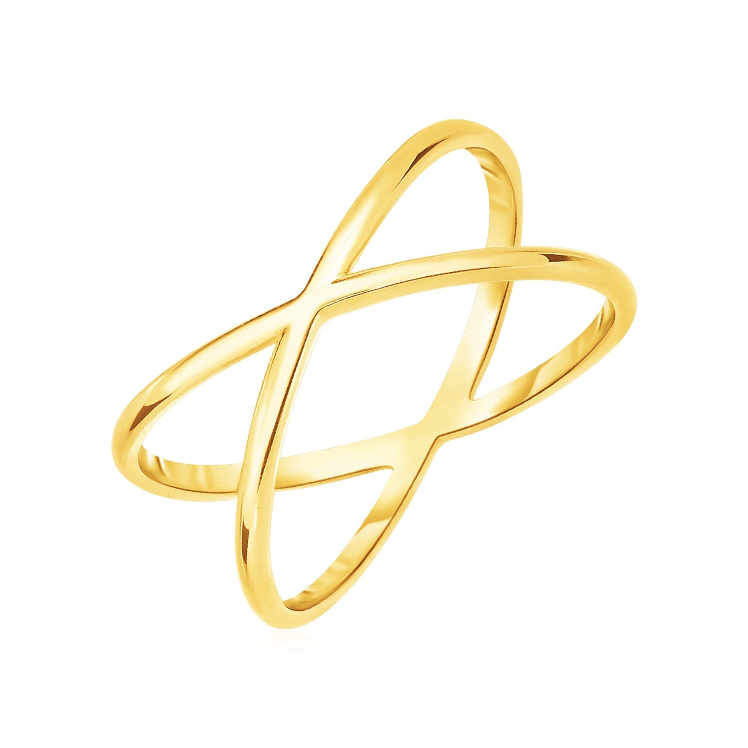 A polished 14k yellow gold ring with an X-shaped profile.