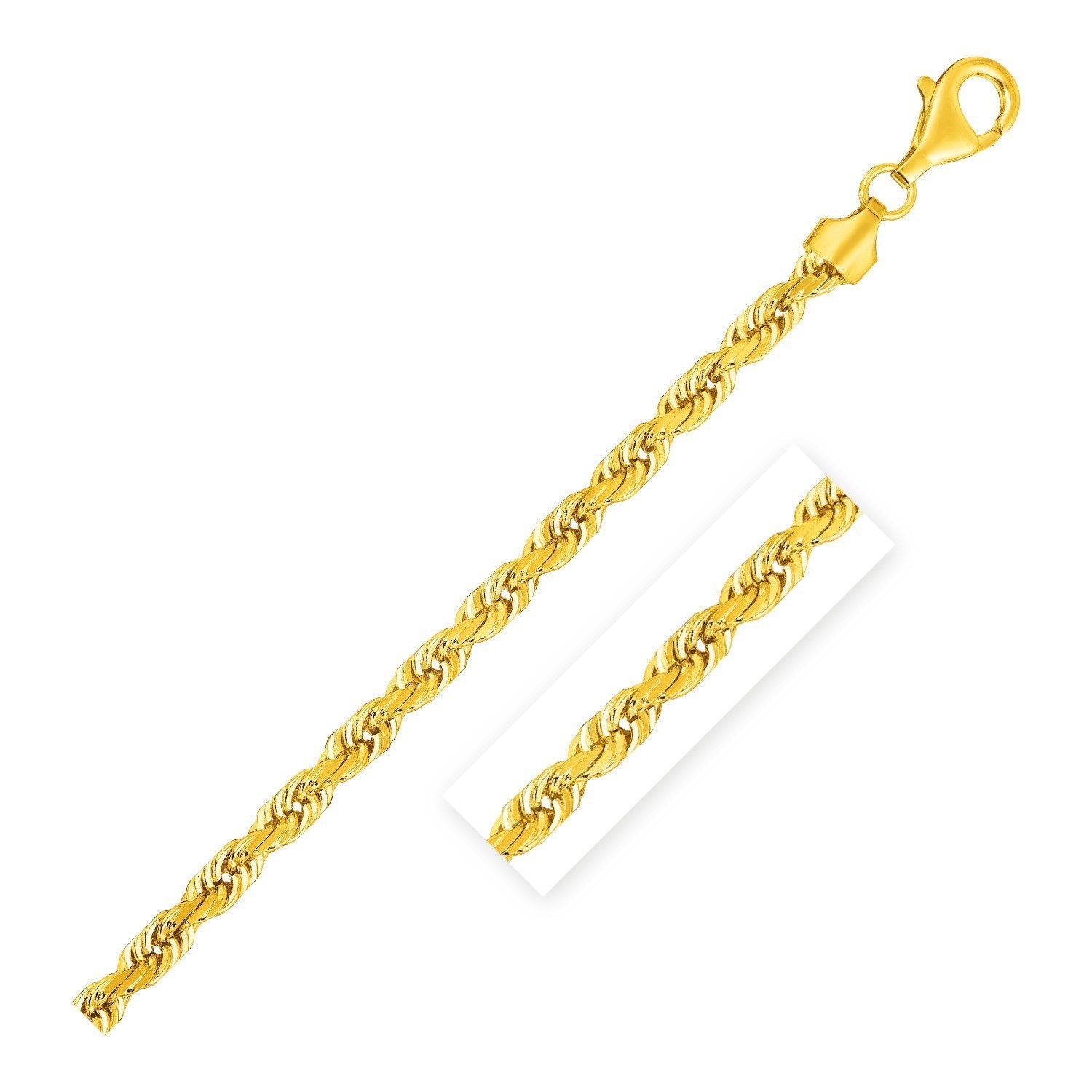 A 14k yellow gold solid diamond cut rope chain with a lobster clasp.