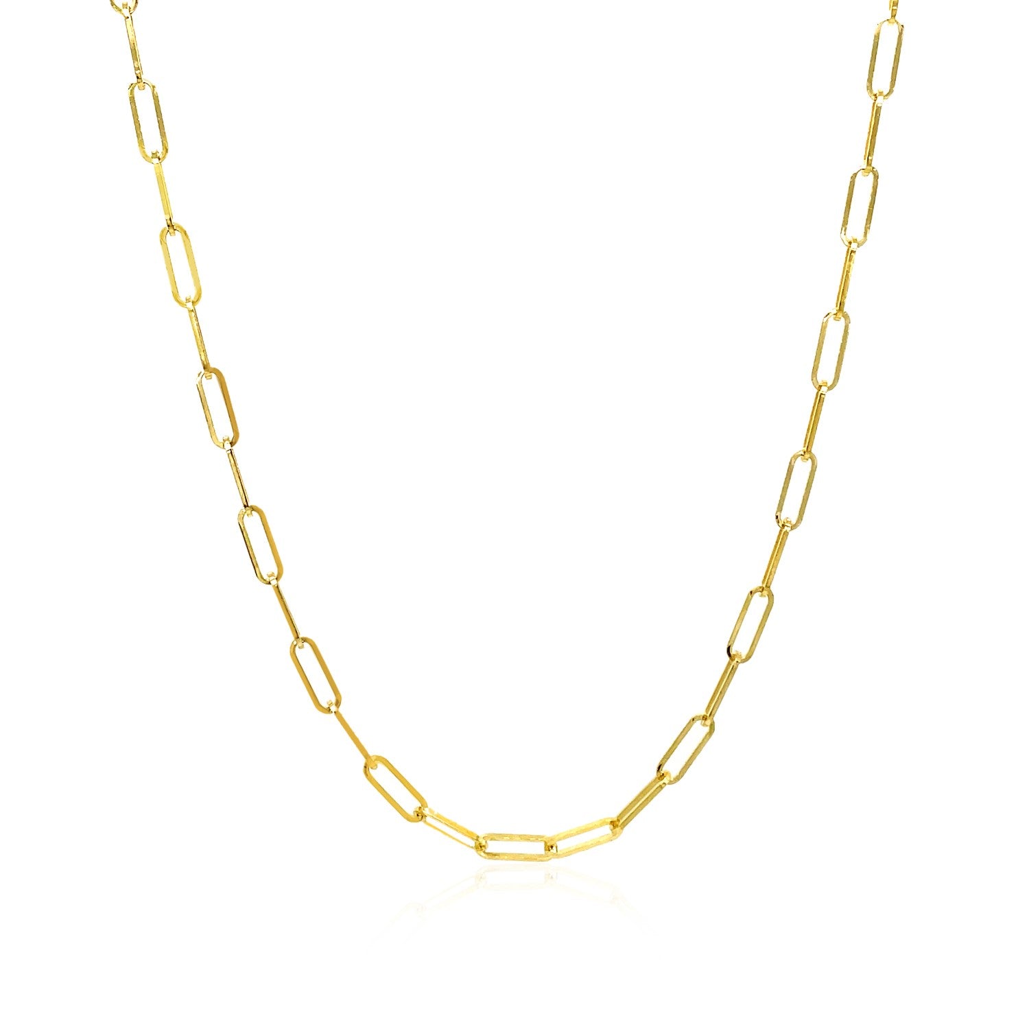 A delicate 14K yellow gold paperclip chain with polished links.