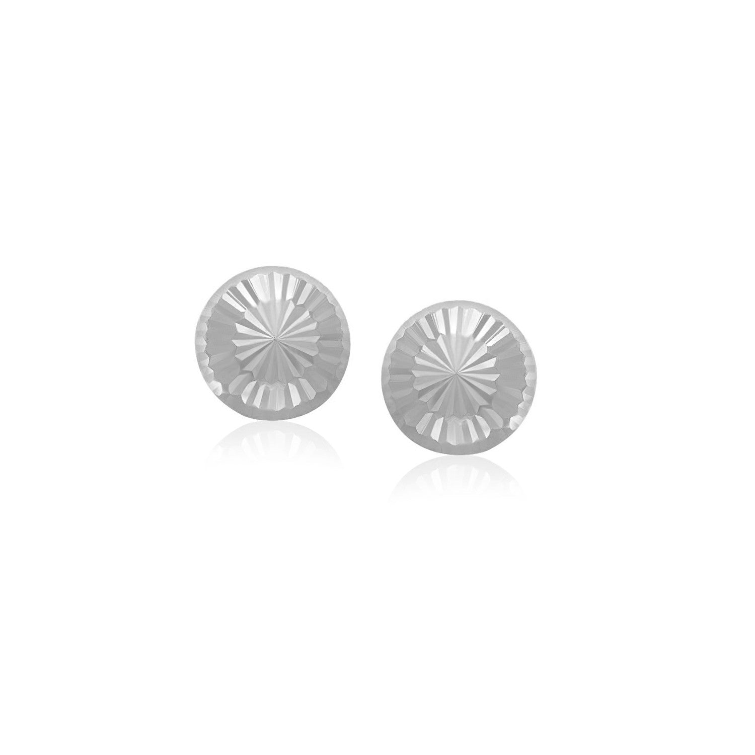 A pair of 14k white gold textured flat stud earrings with a sunburst design.